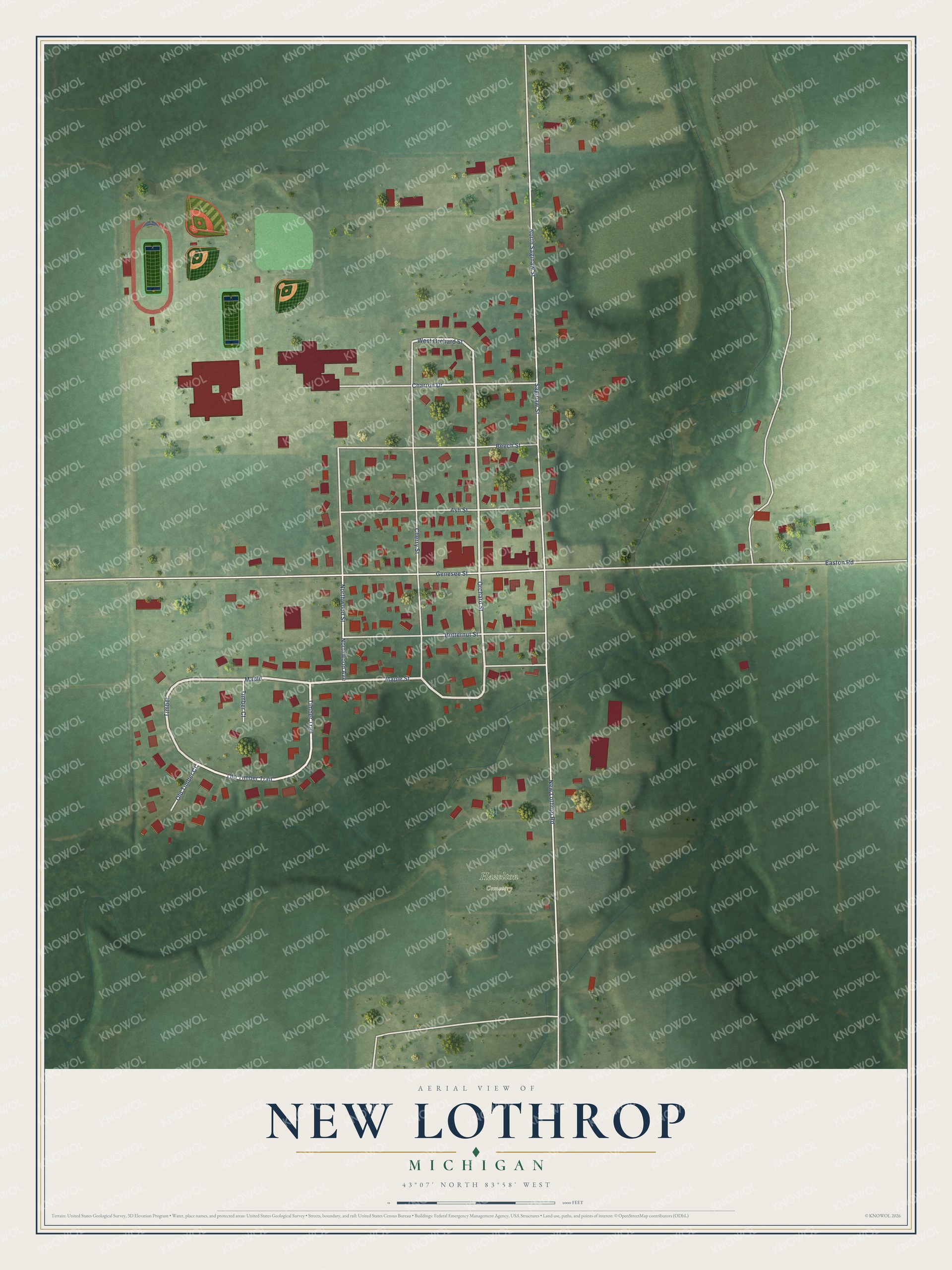 Full map of New Lothrop, Michigan, with red buildings, printed street names and the land around them