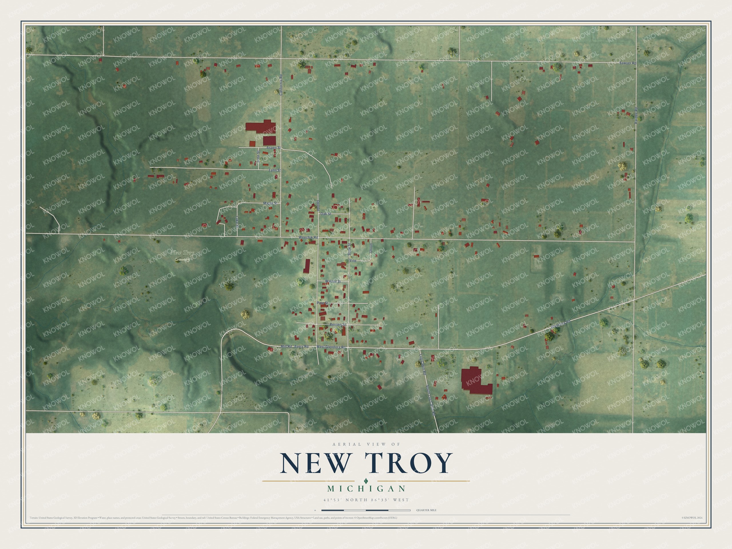 Full map of New Troy, Michigan, with red buildings, printed street names and the land around them