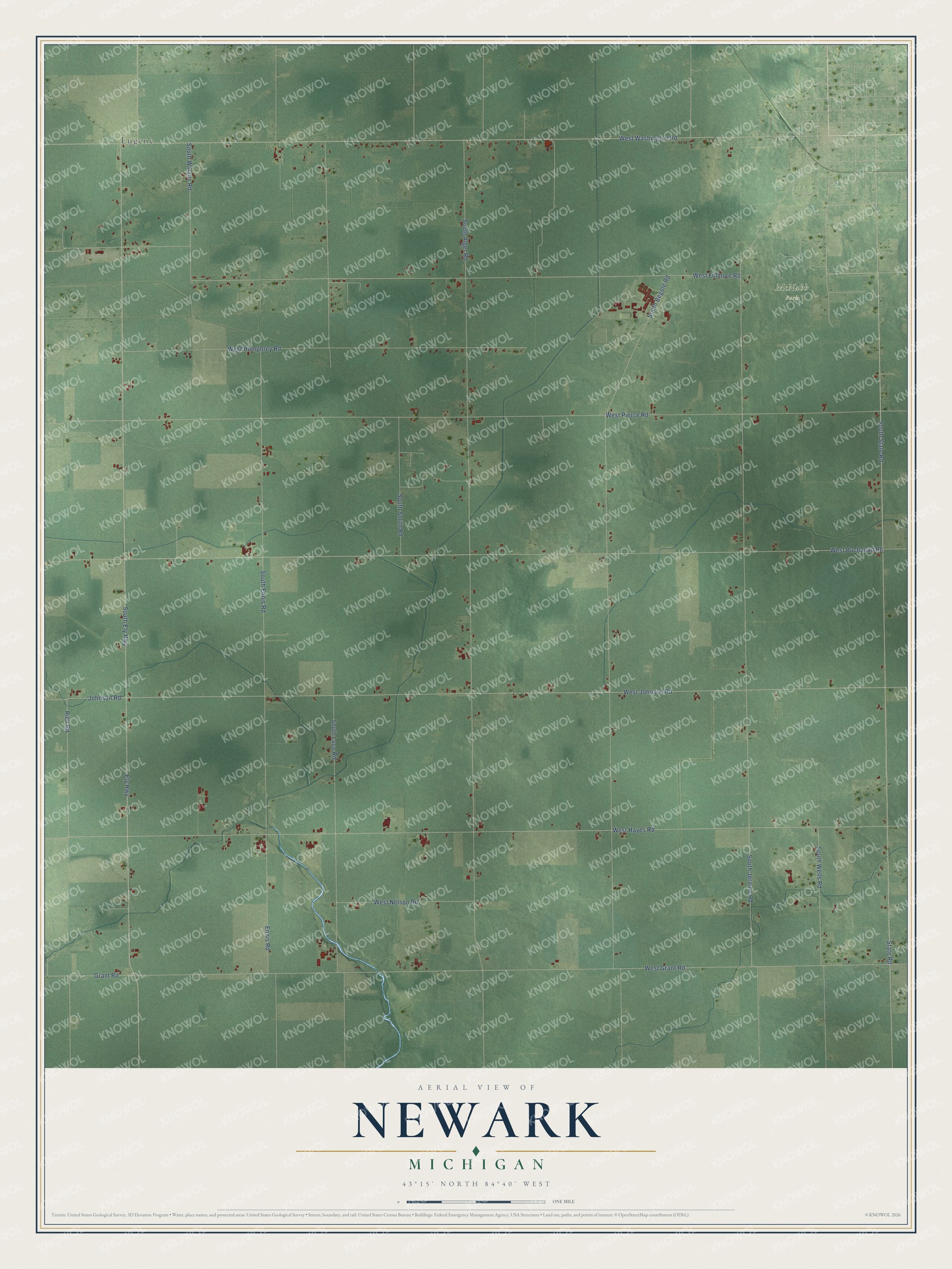 Full map of Newark, Michigan, with red buildings, printed street names and the land around them