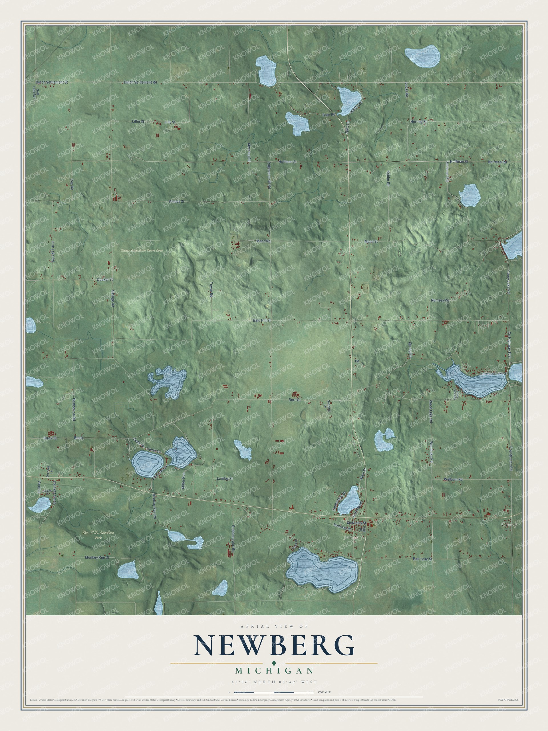 Full map of Newberg, Michigan, with red buildings, printed street names and the land around them