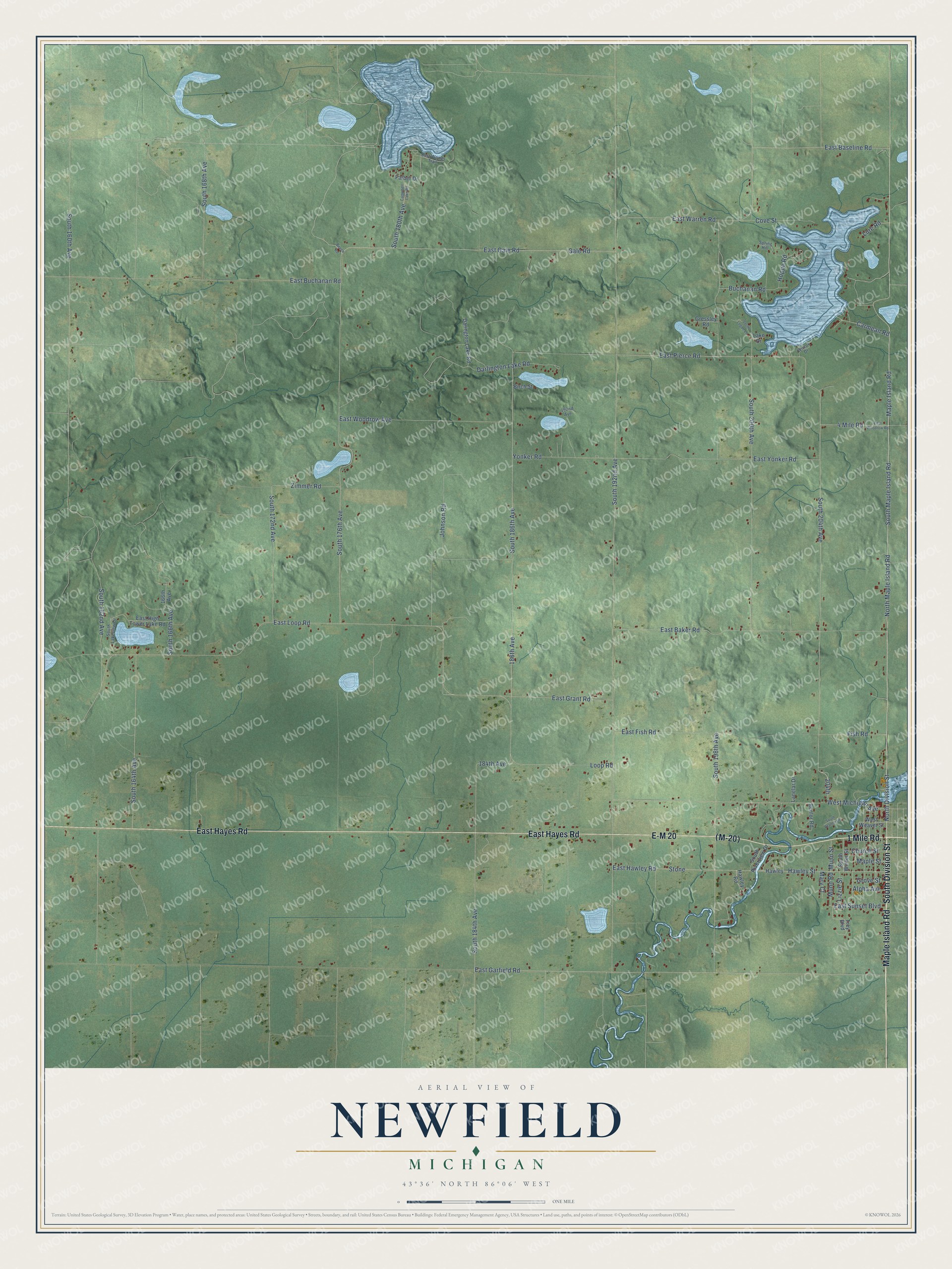 Full map of Newfield, Michigan, with red buildings, printed street names and the land around them