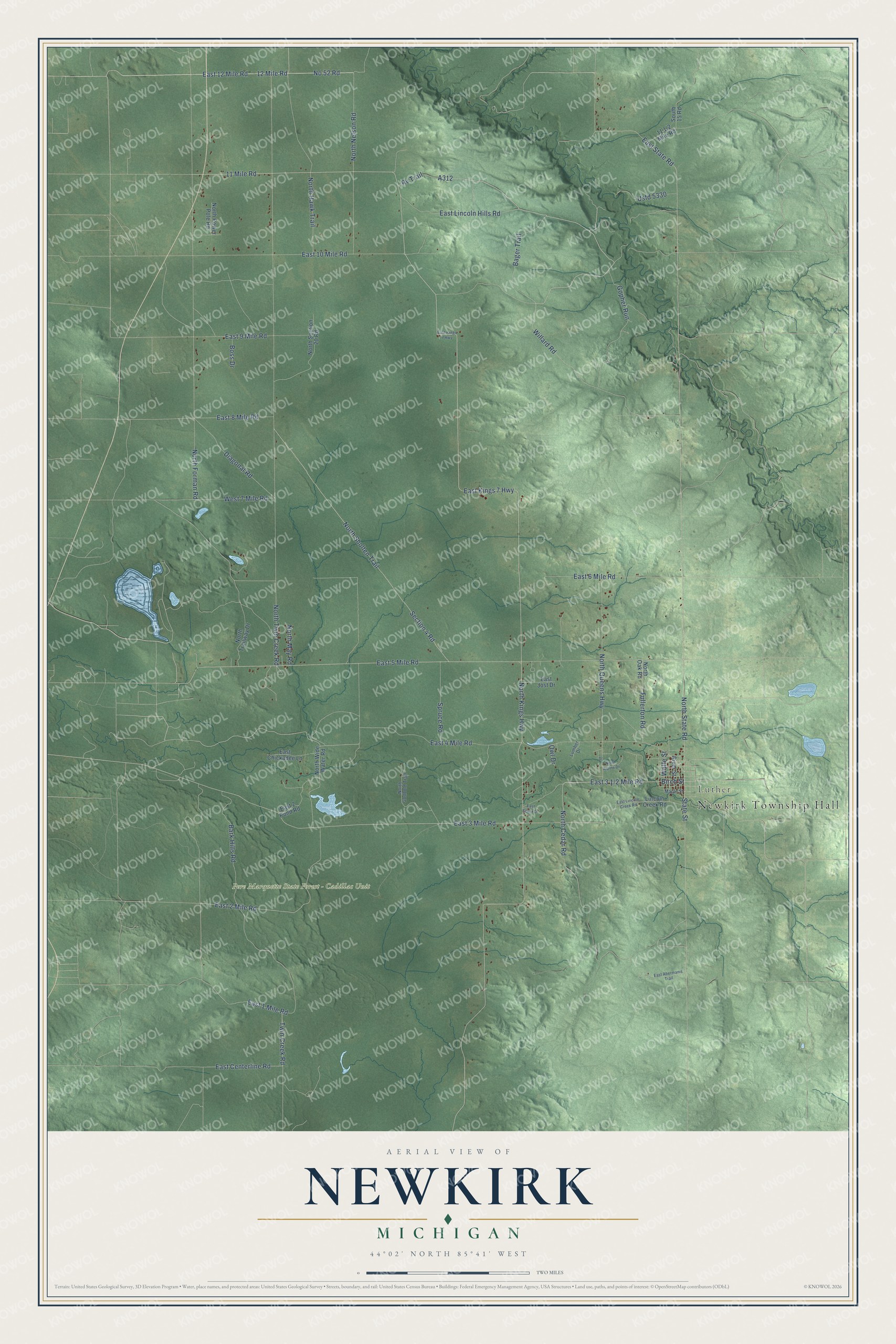 Full map of Newkirk, Michigan, with red buildings, printed street names and the land around them
