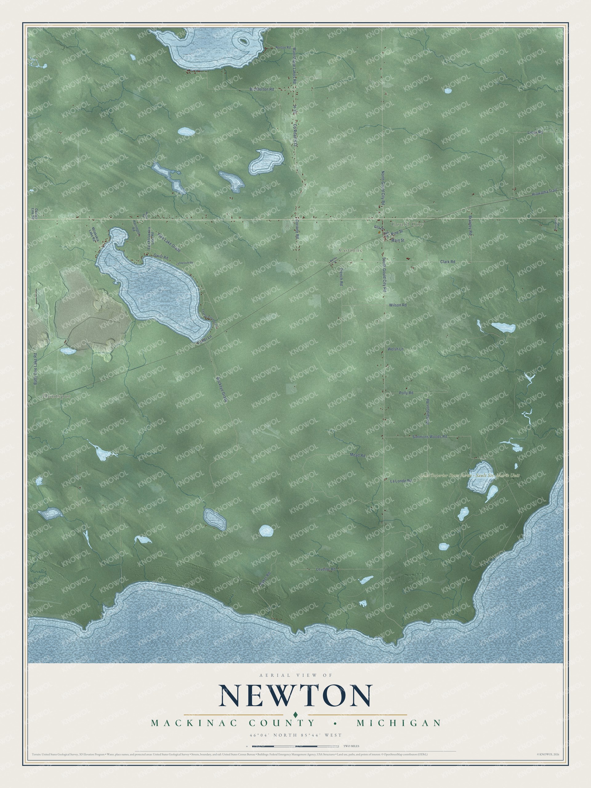Full map of Newton, Michigan, with red buildings, printed street names and the land around them