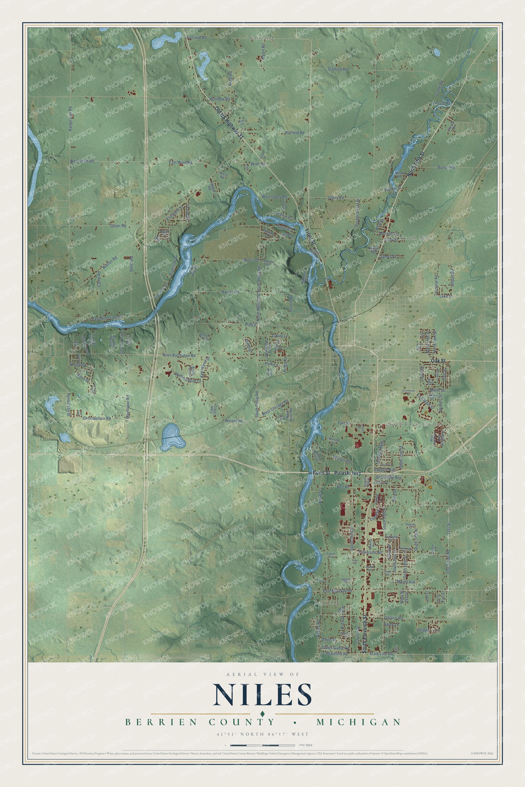 Full map of Niles, Michigan, with red buildings, printed street names and the land around them