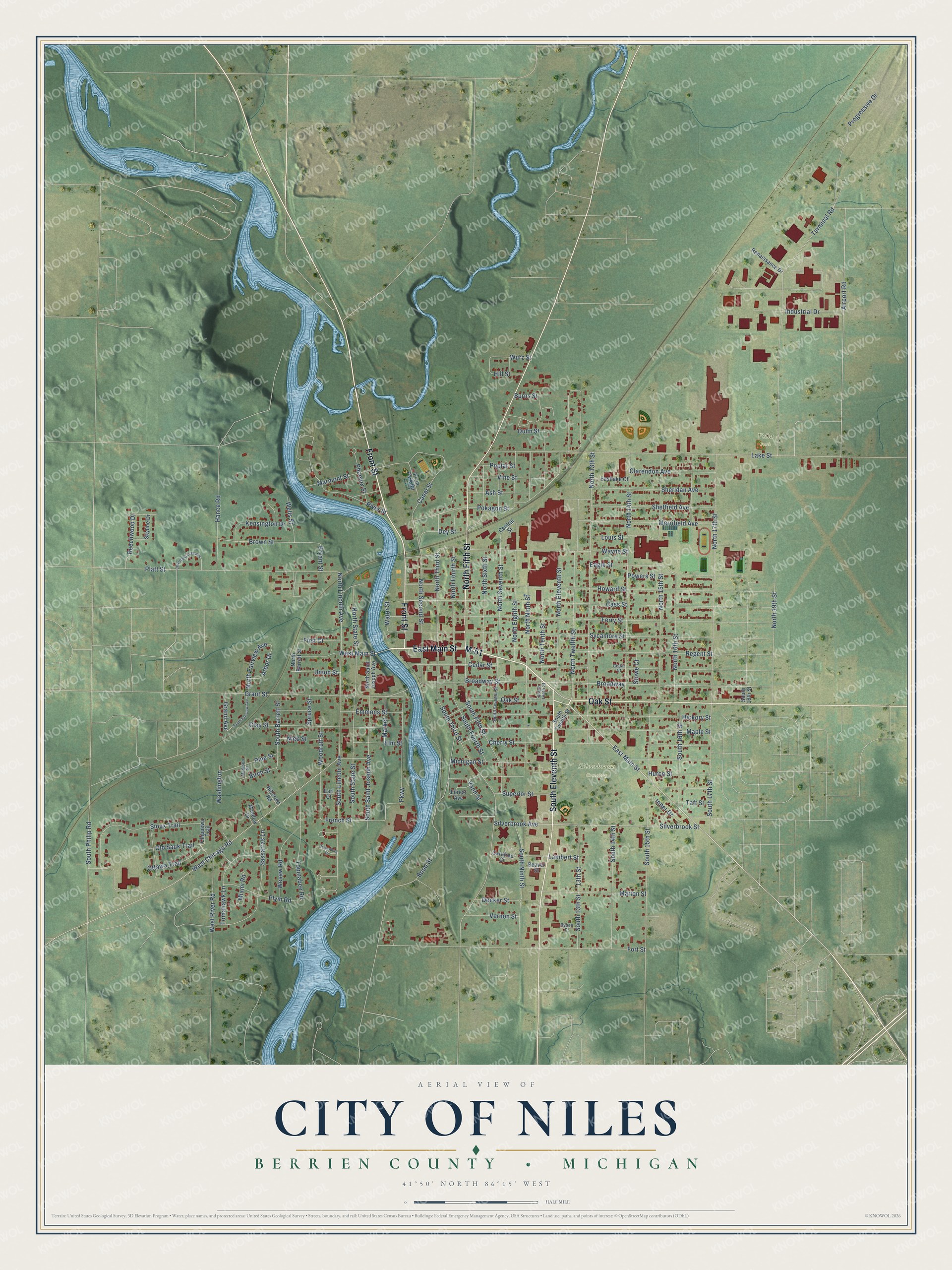 Full map of Niles, Michigan, with red buildings, printed street names and the land around them