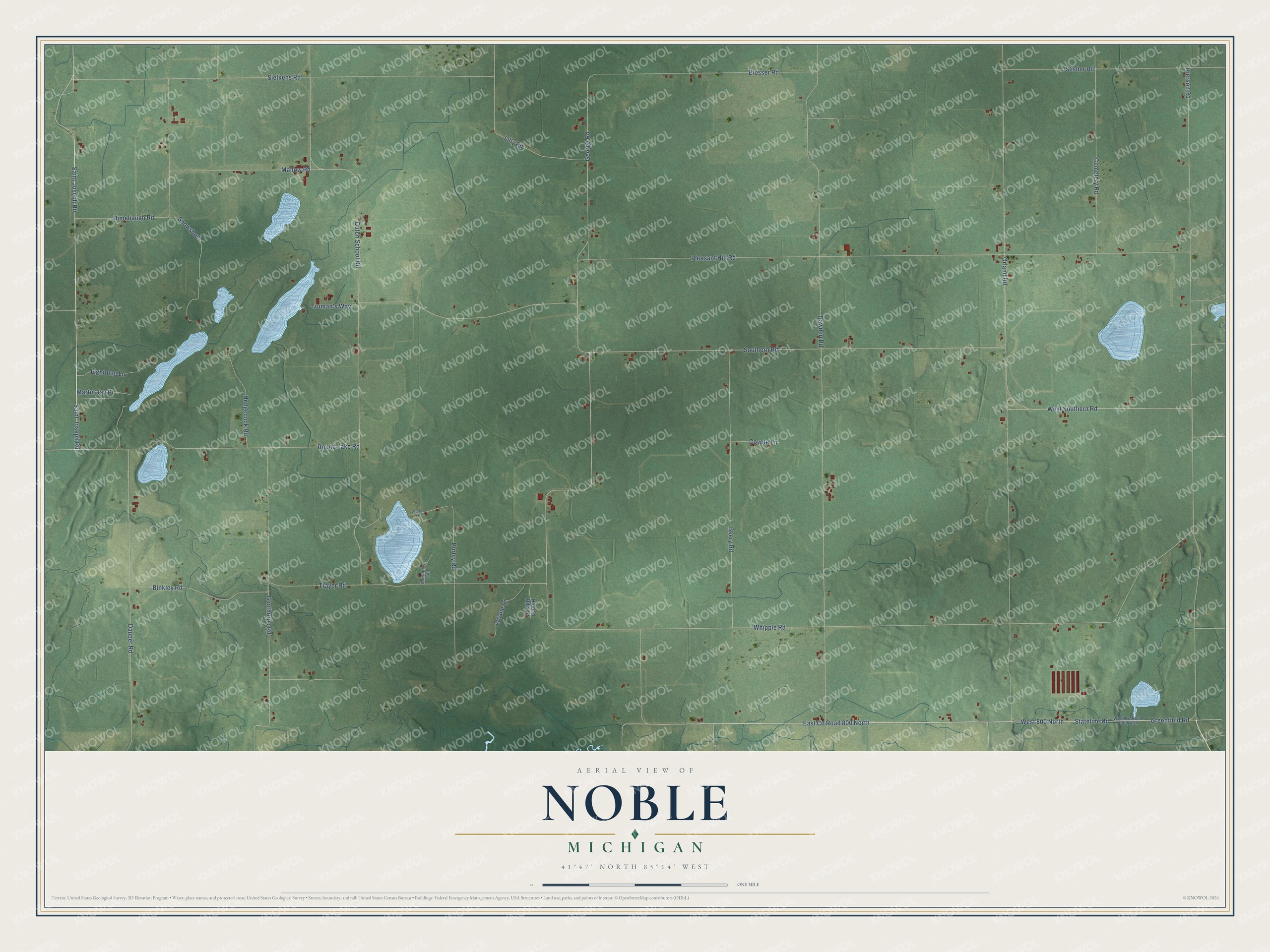 Full map of Noble, Michigan, with red buildings, printed street names and the land around them