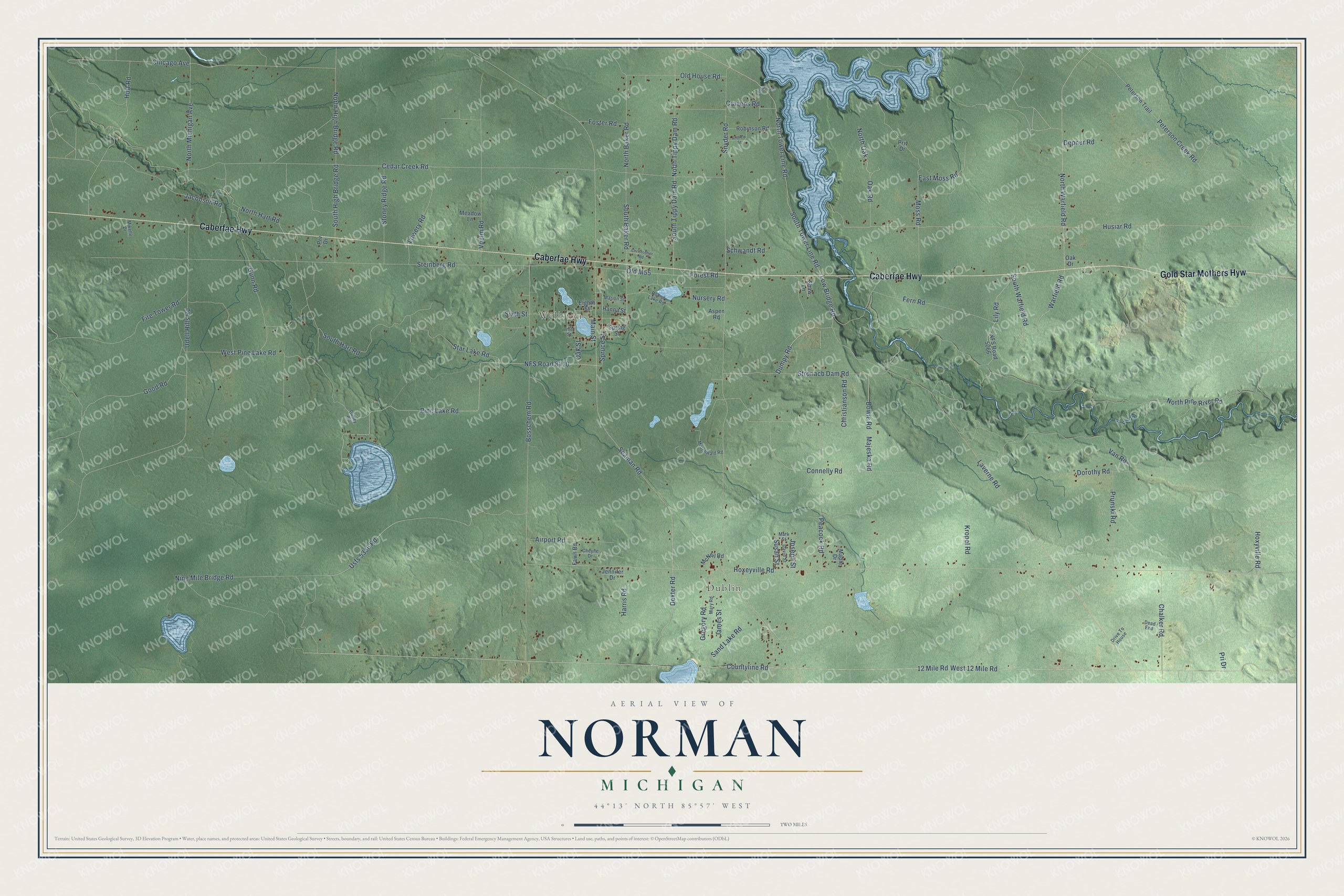 Full map of Norman, Michigan, with red buildings, printed street names and the land around them