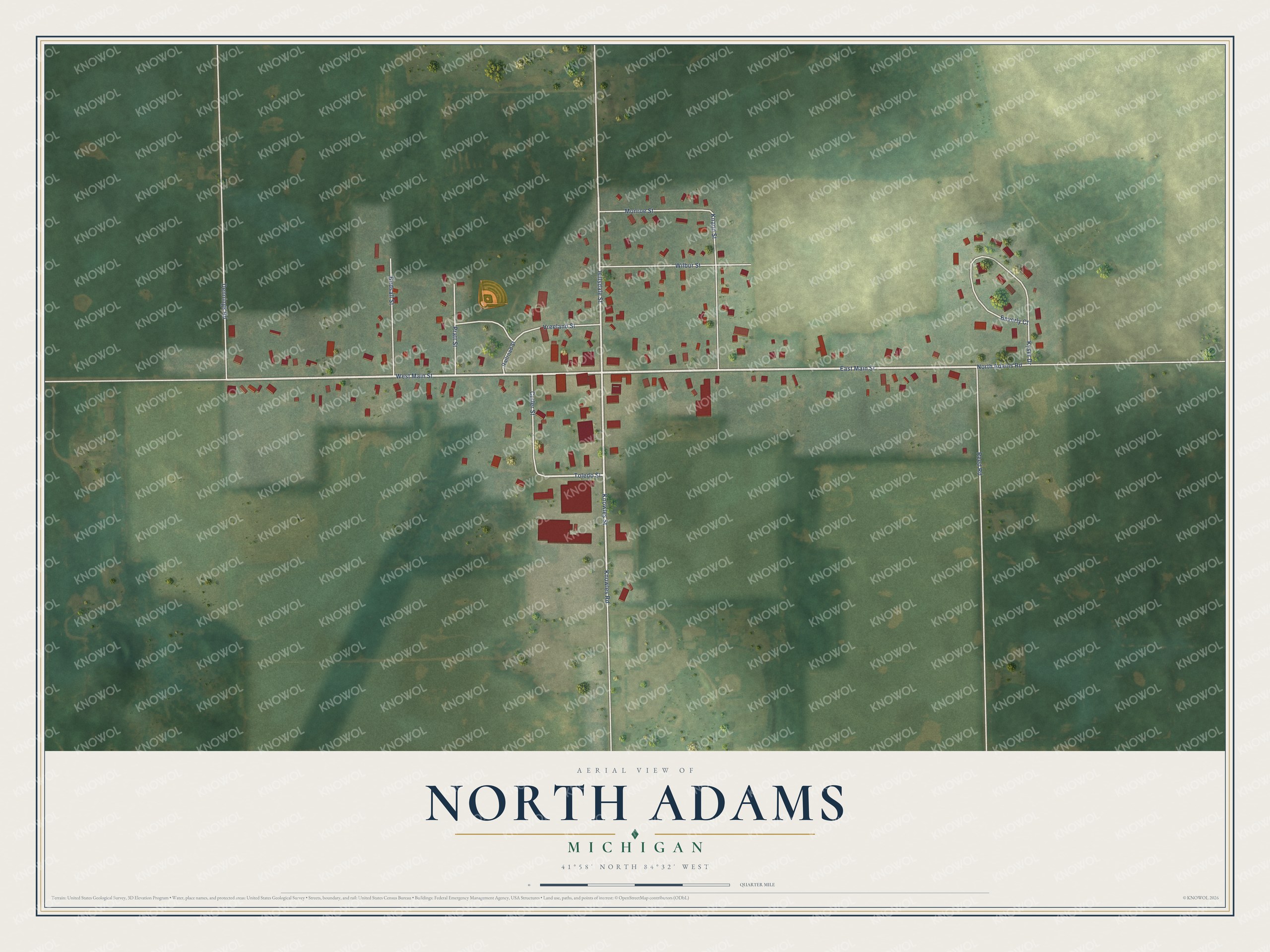 Full map of North Adams, Michigan, with red buildings, printed street names and the land around them