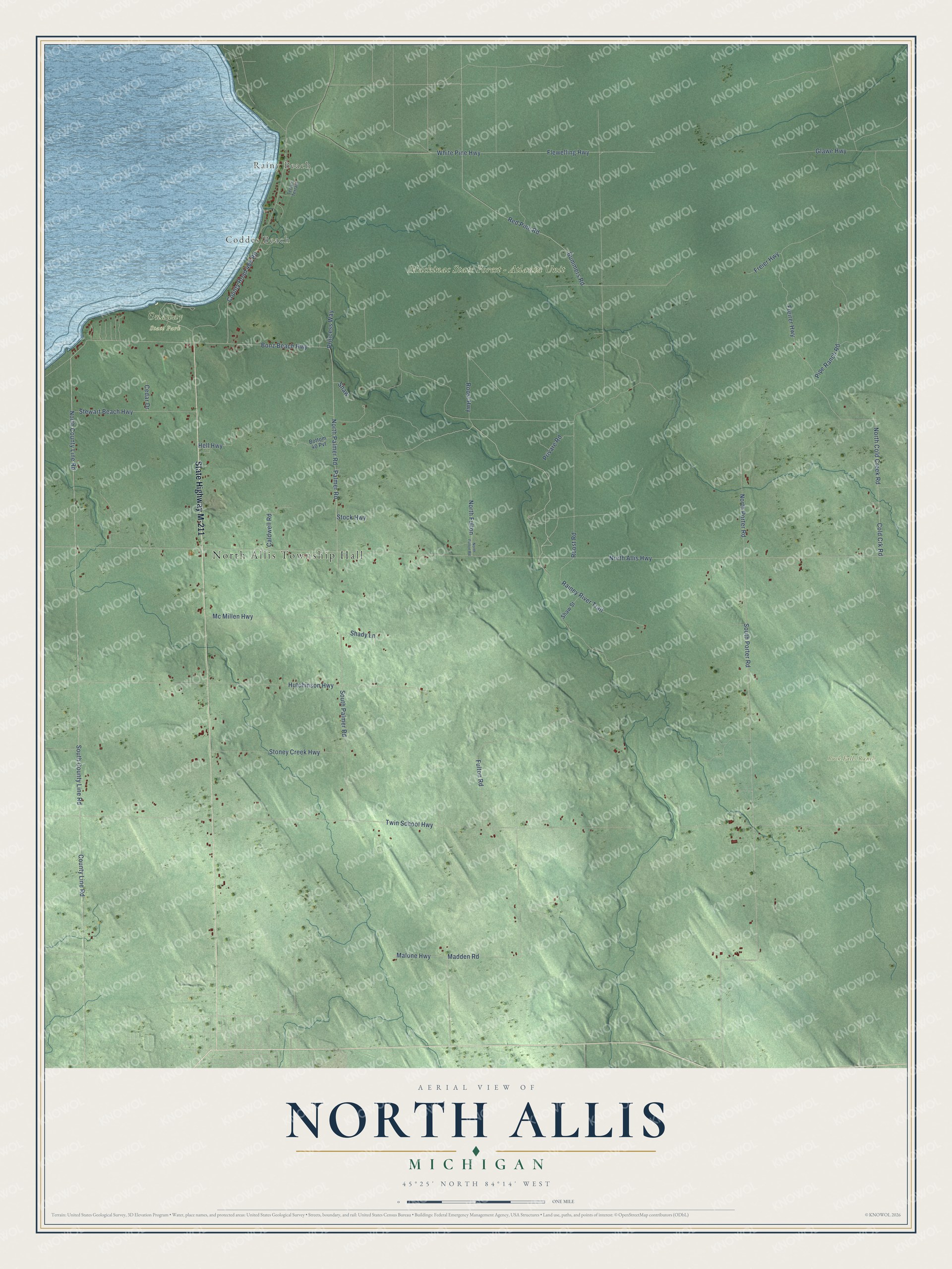 Full map of North Allis, Michigan, with red buildings, printed street names and the land around them