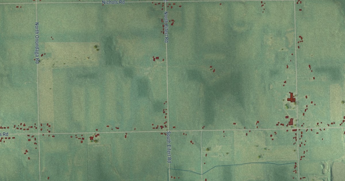 Close-up of streets and buildings in North Aurelius, Michigan