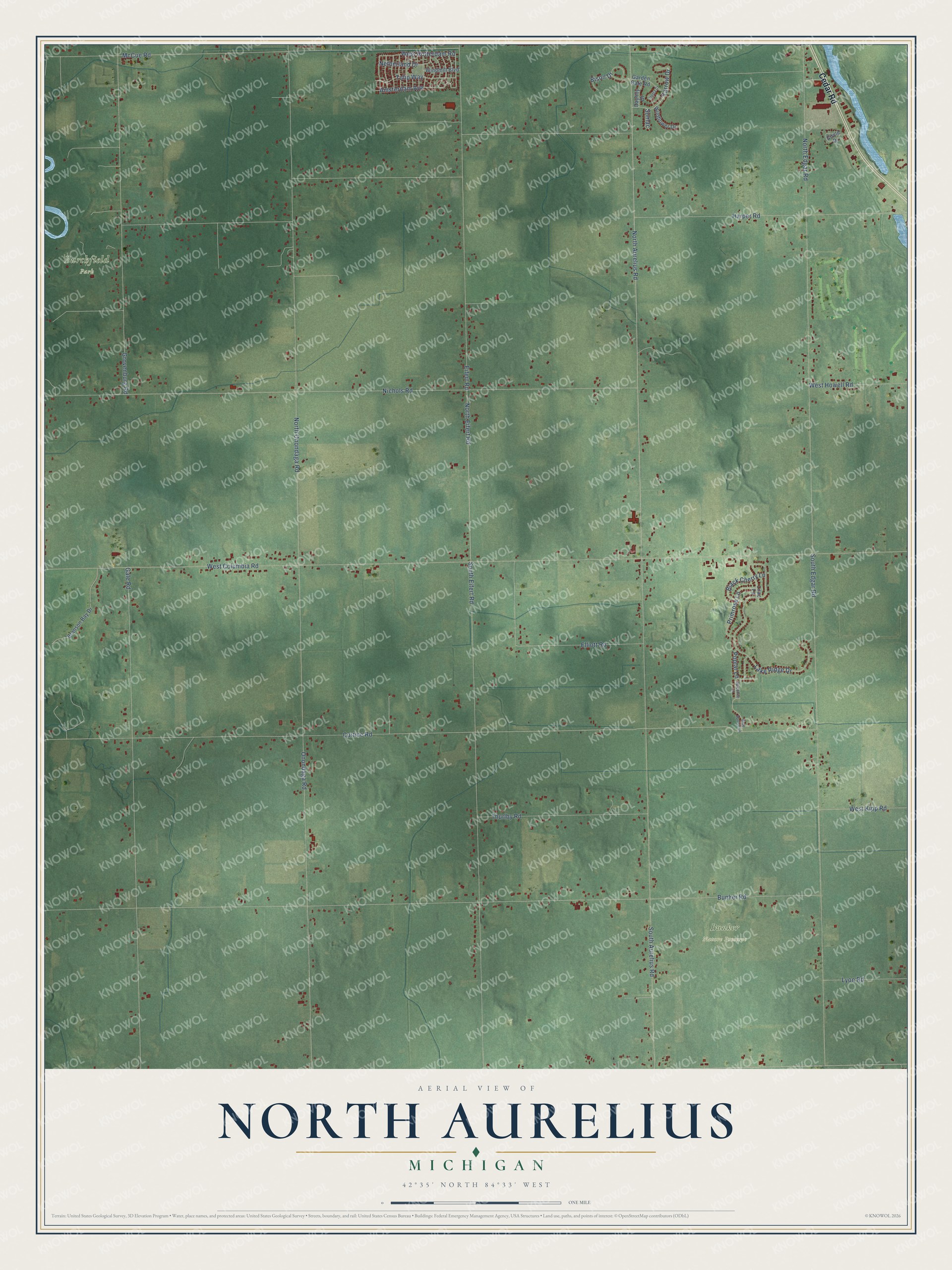 Full map of North Aurelius, Michigan, with red buildings, printed street names and the land around them