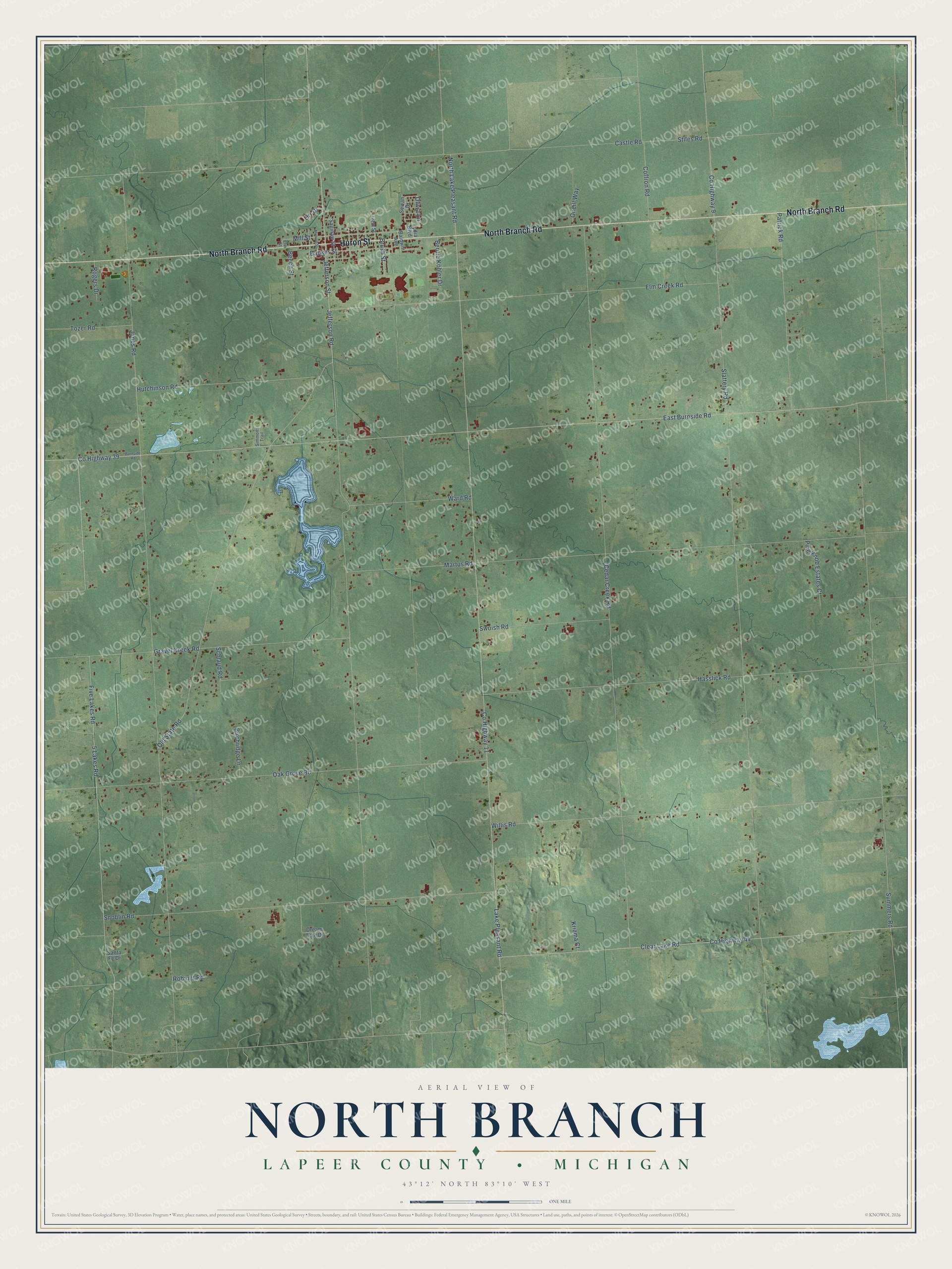 Full map of North Branch, Michigan, with red buildings, printed street names and the land around them