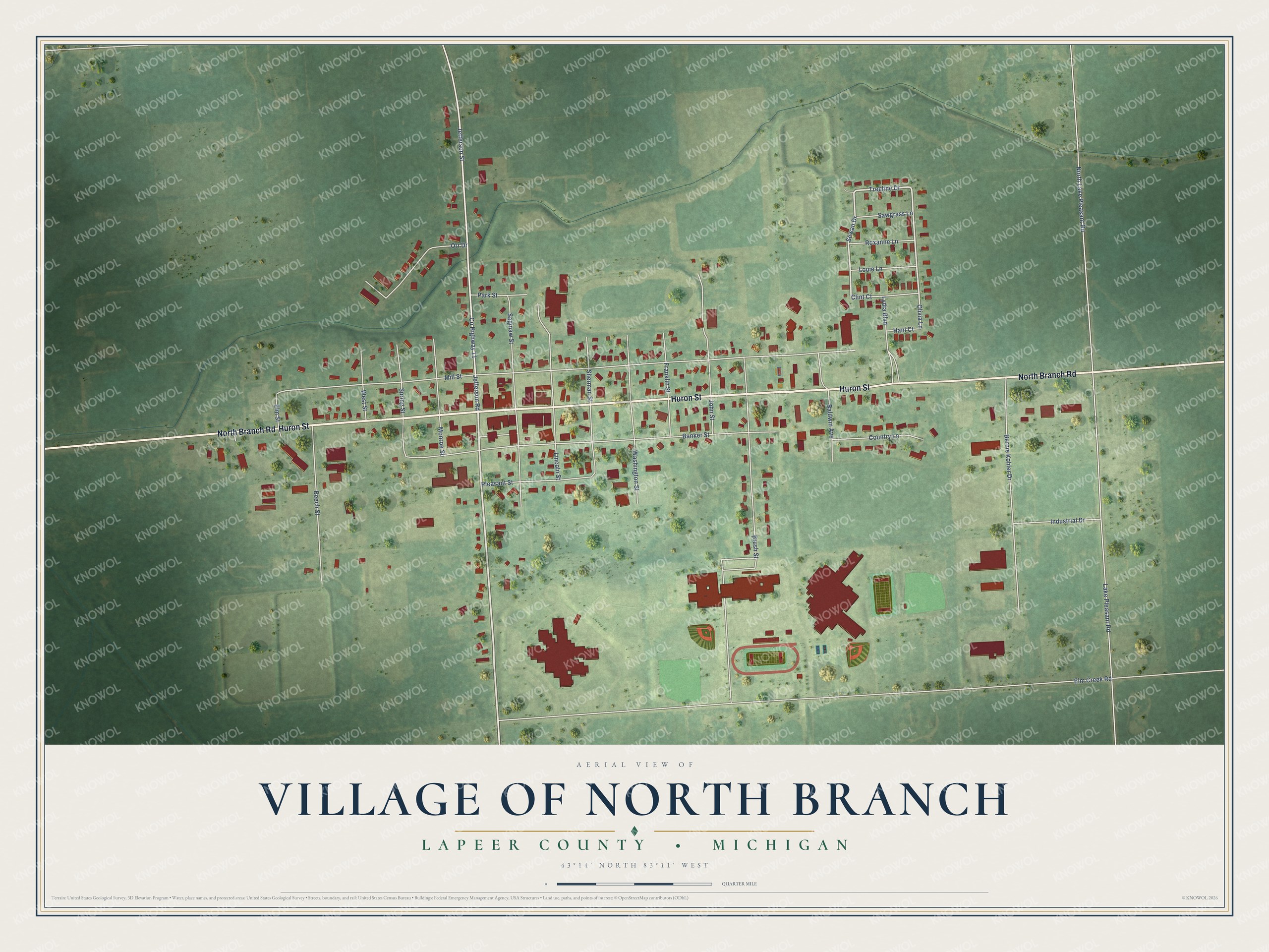 Full map of North Branch, Michigan, with red buildings, printed street names and the land around them