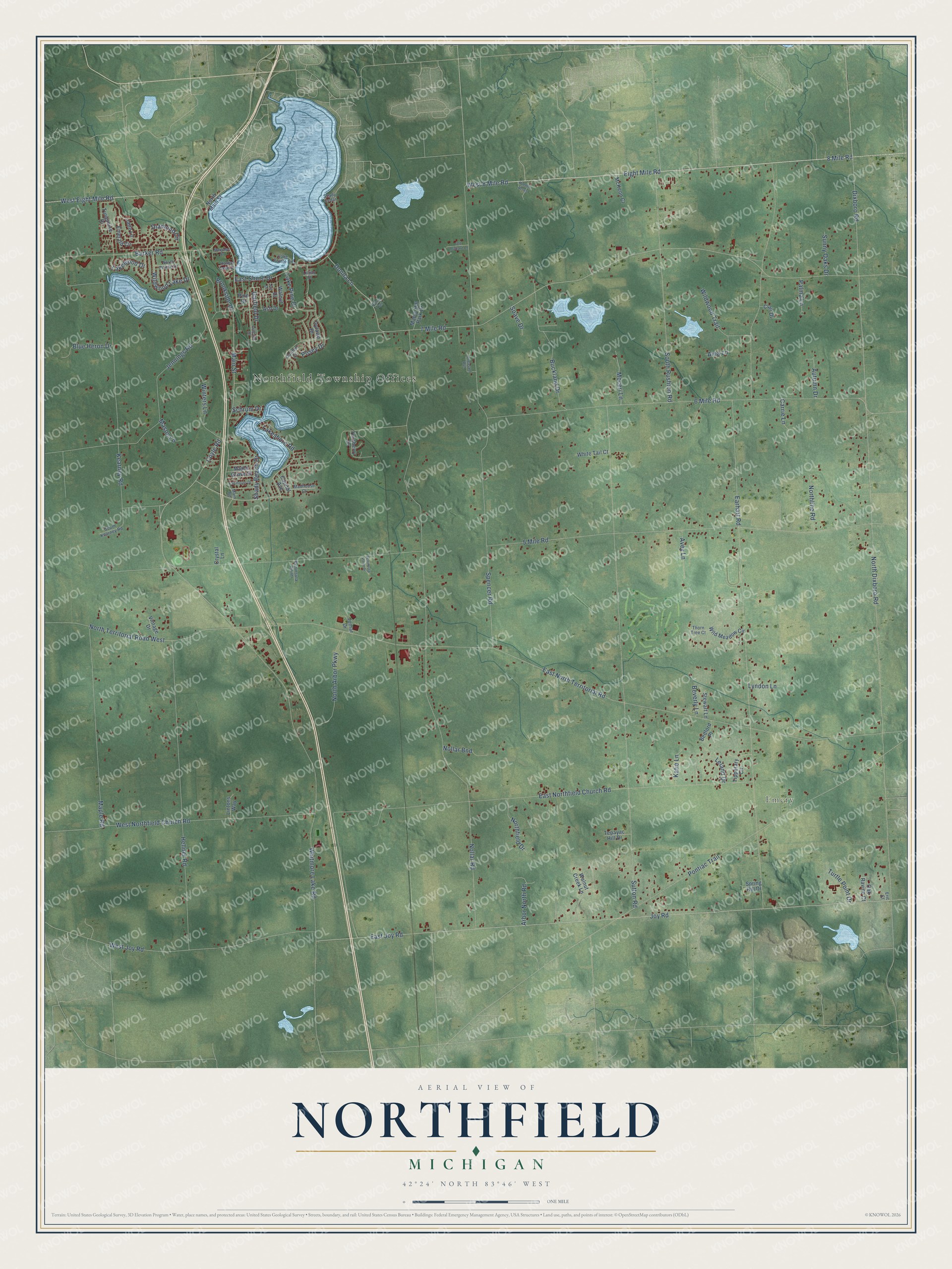 Full map of Northfield, Michigan, with red buildings, printed street names and the land around them