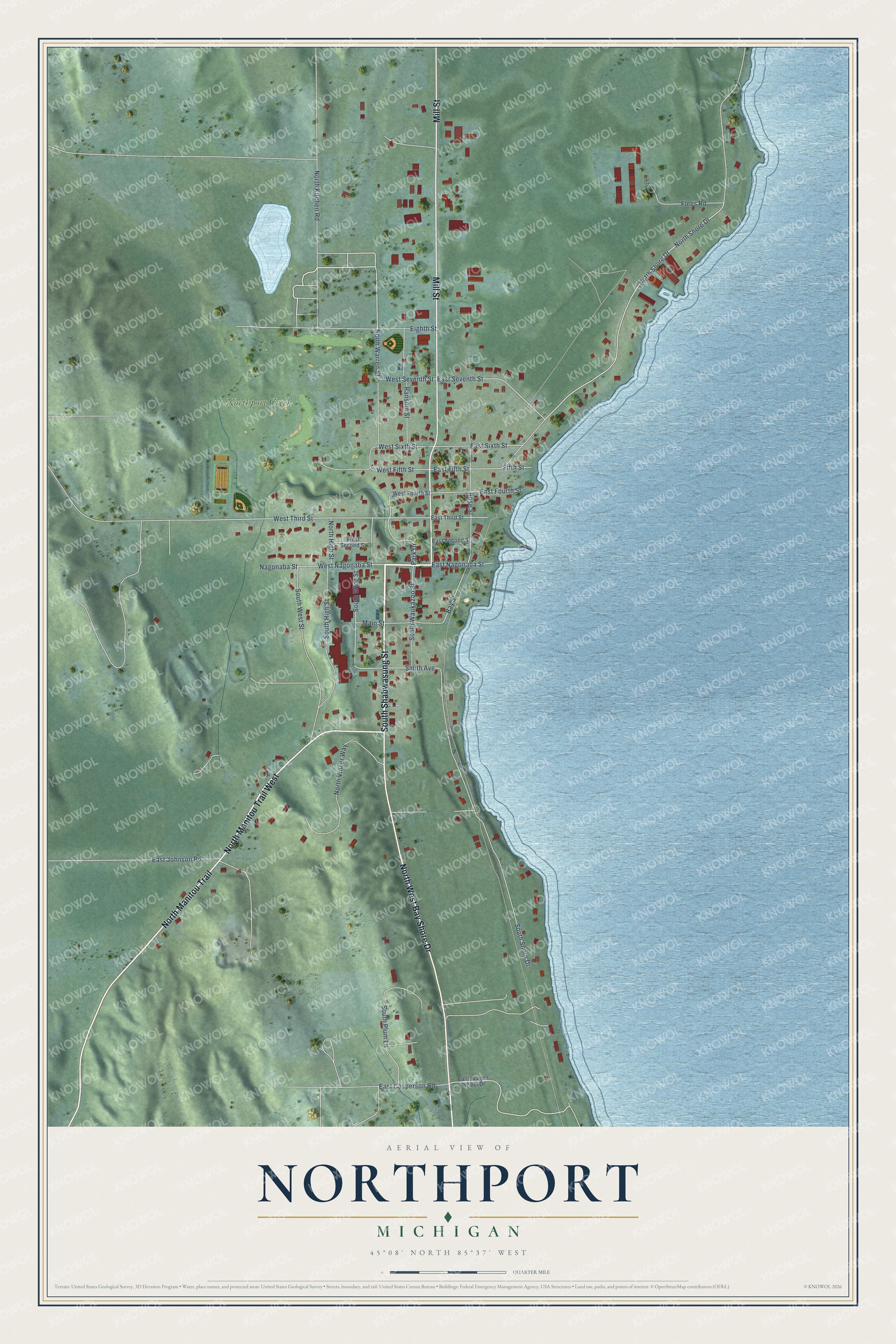 Full map of Northport, Michigan, with red buildings, printed street names and the land around them