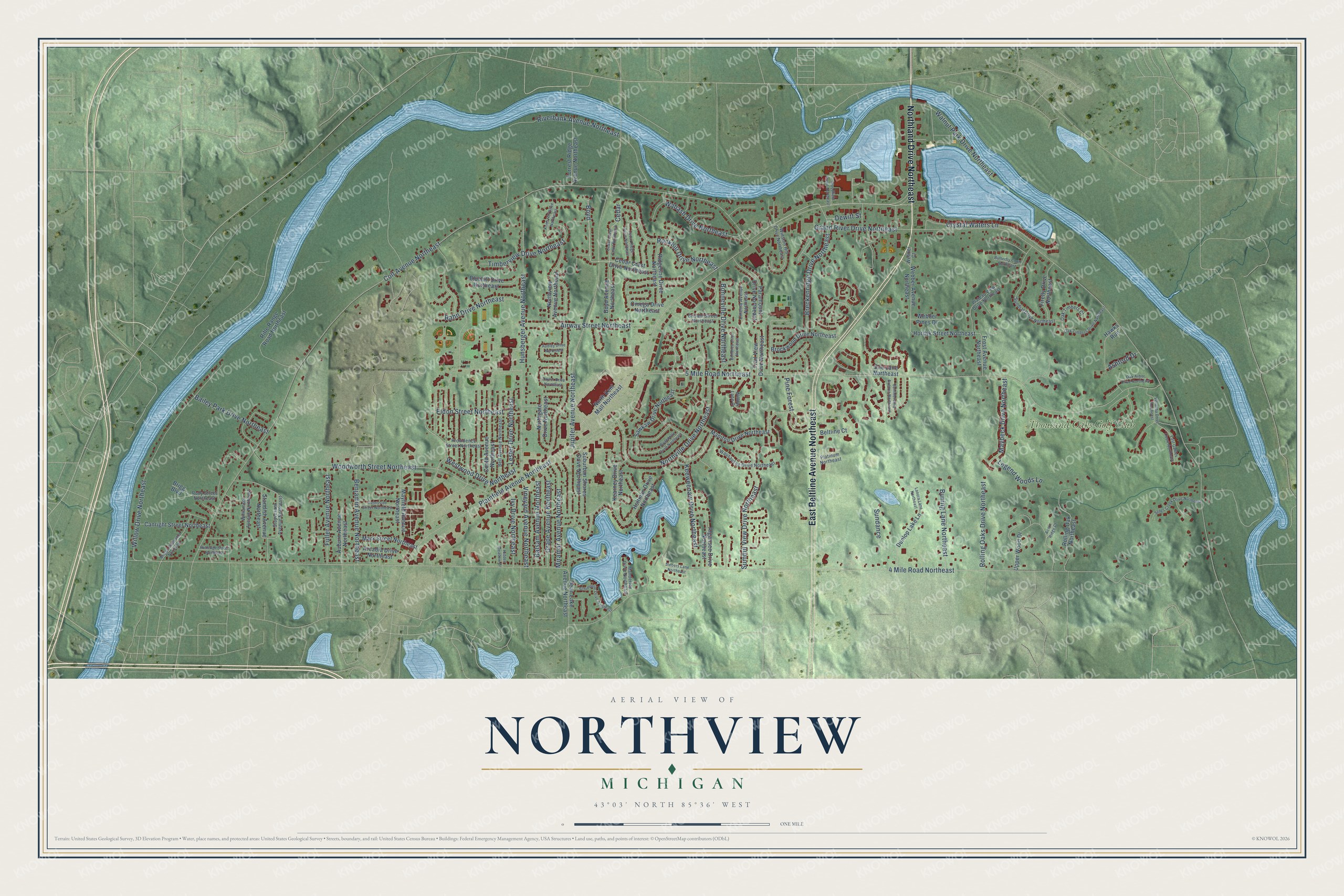 Full map of Northview, Michigan, with red buildings, printed street names and the land around them