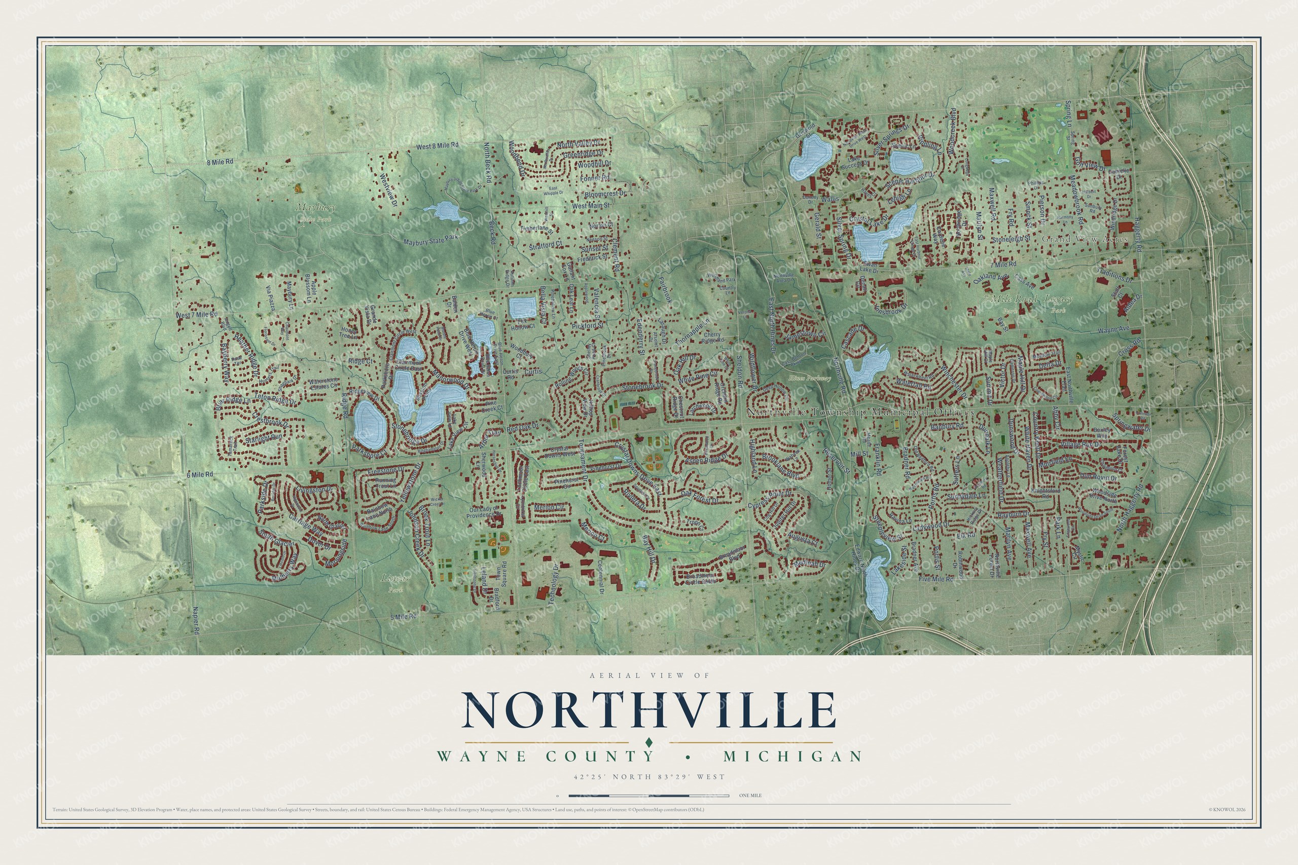 Full map of Northville, Michigan, with red buildings, printed street names and the land around them
