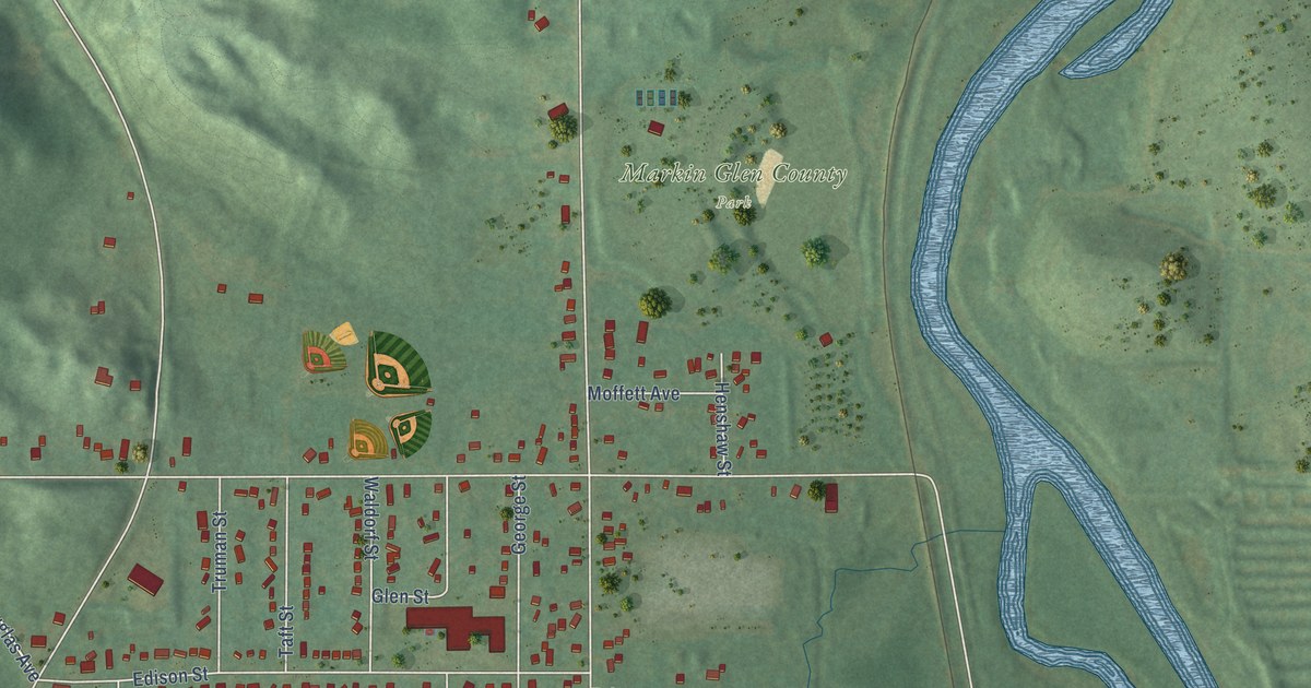 Close-up of streets and buildings in Northwood, Michigan