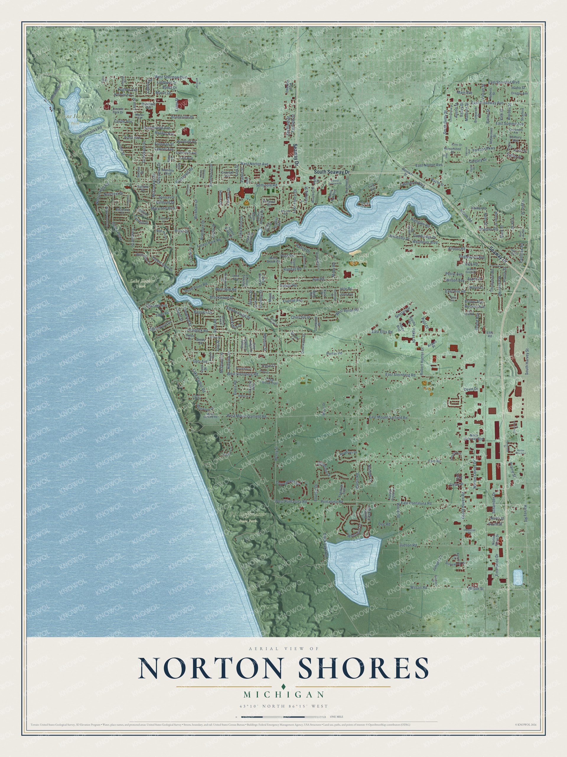 Full map of Norton Shores, Michigan, with red buildings, printed street names and the land around them