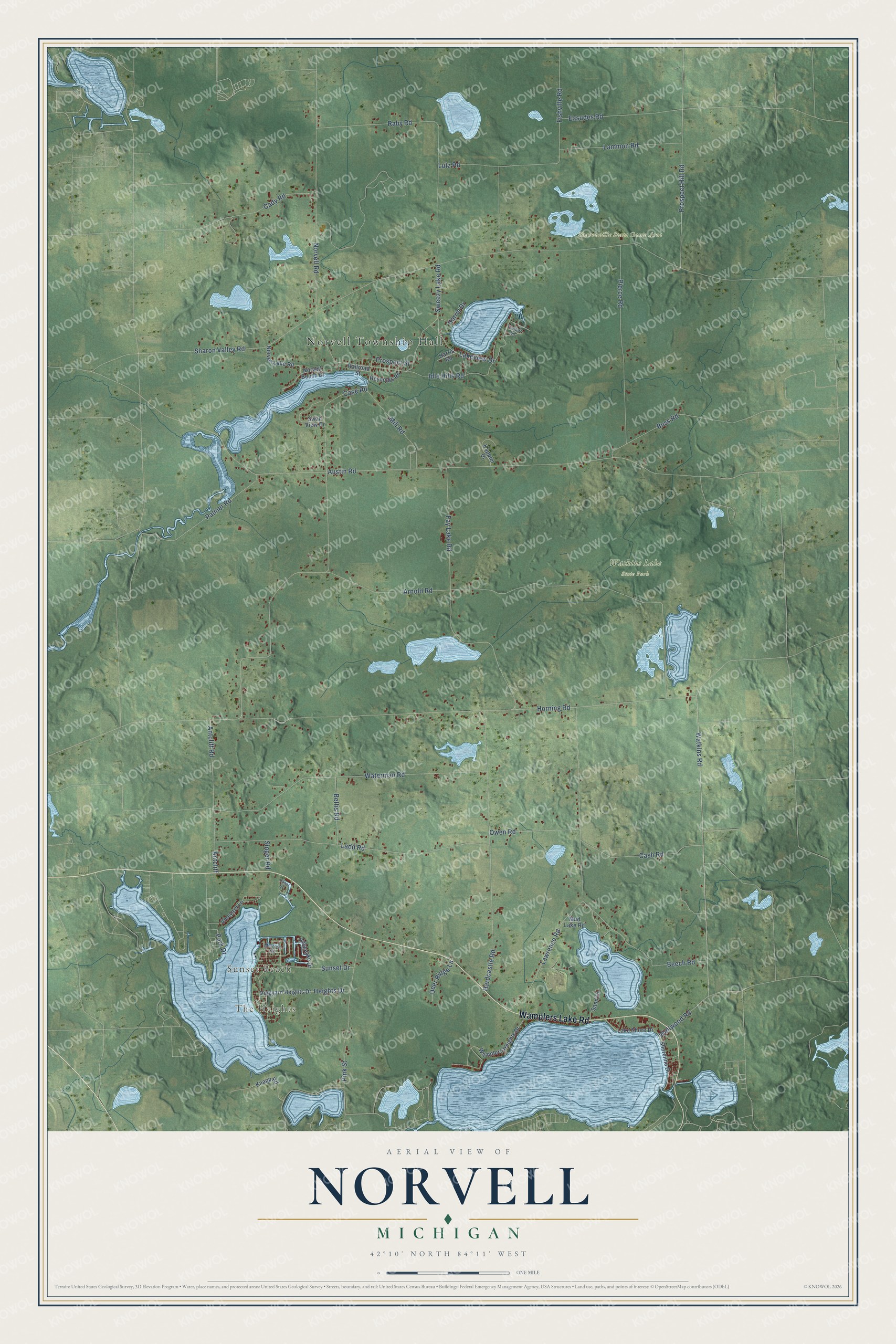 Full map of Norvell, Michigan, with red buildings, printed street names and the land around them