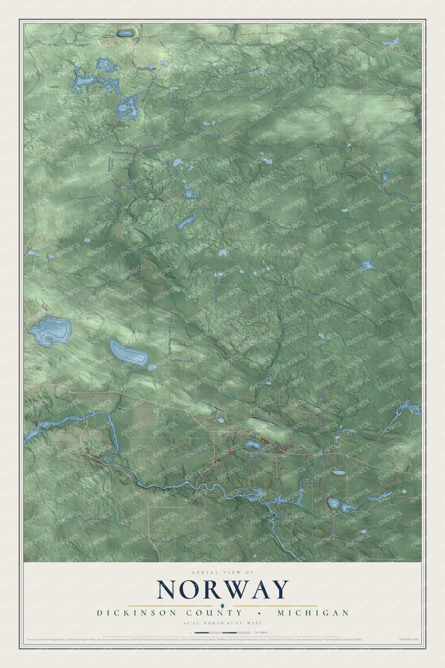 Full map of Norway, Michigan, with red buildings, printed street names and the land around them