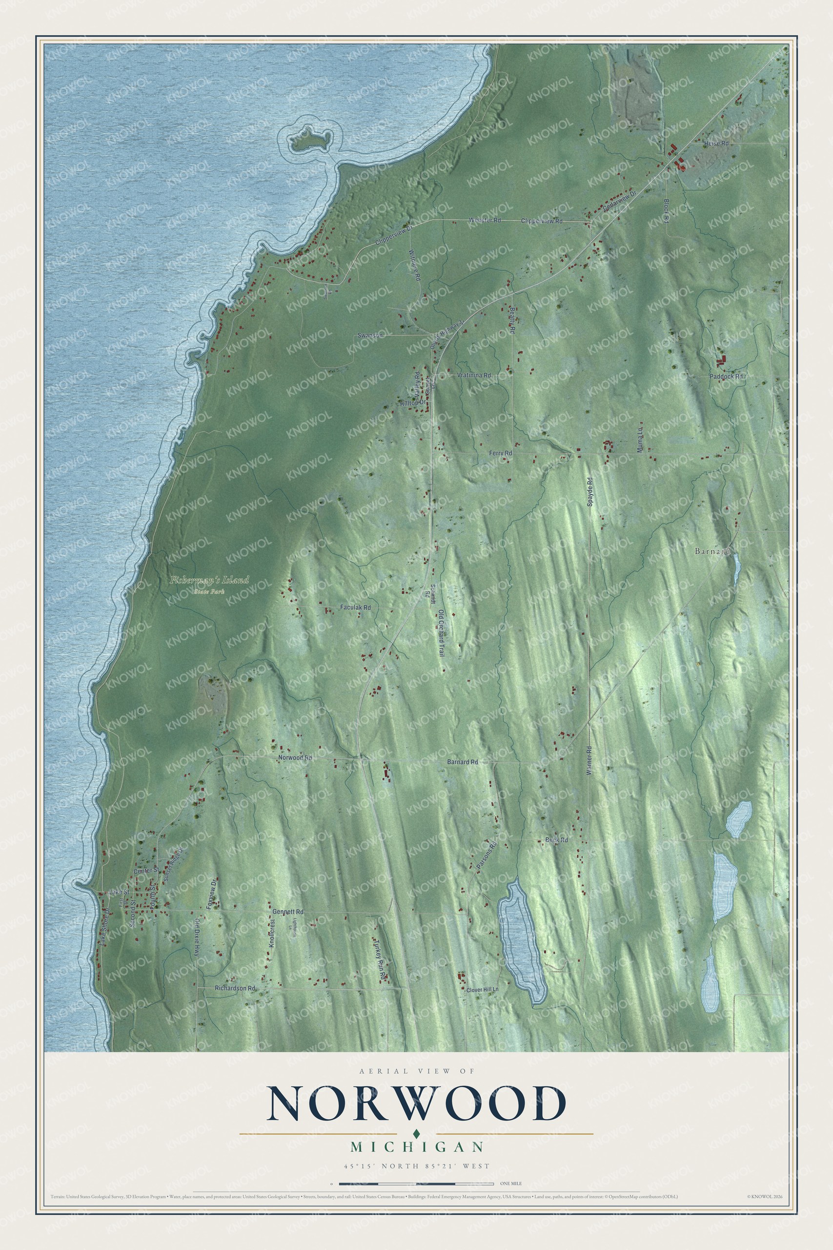 Full map of Norwood, Michigan, with red buildings, printed street names and the land around them