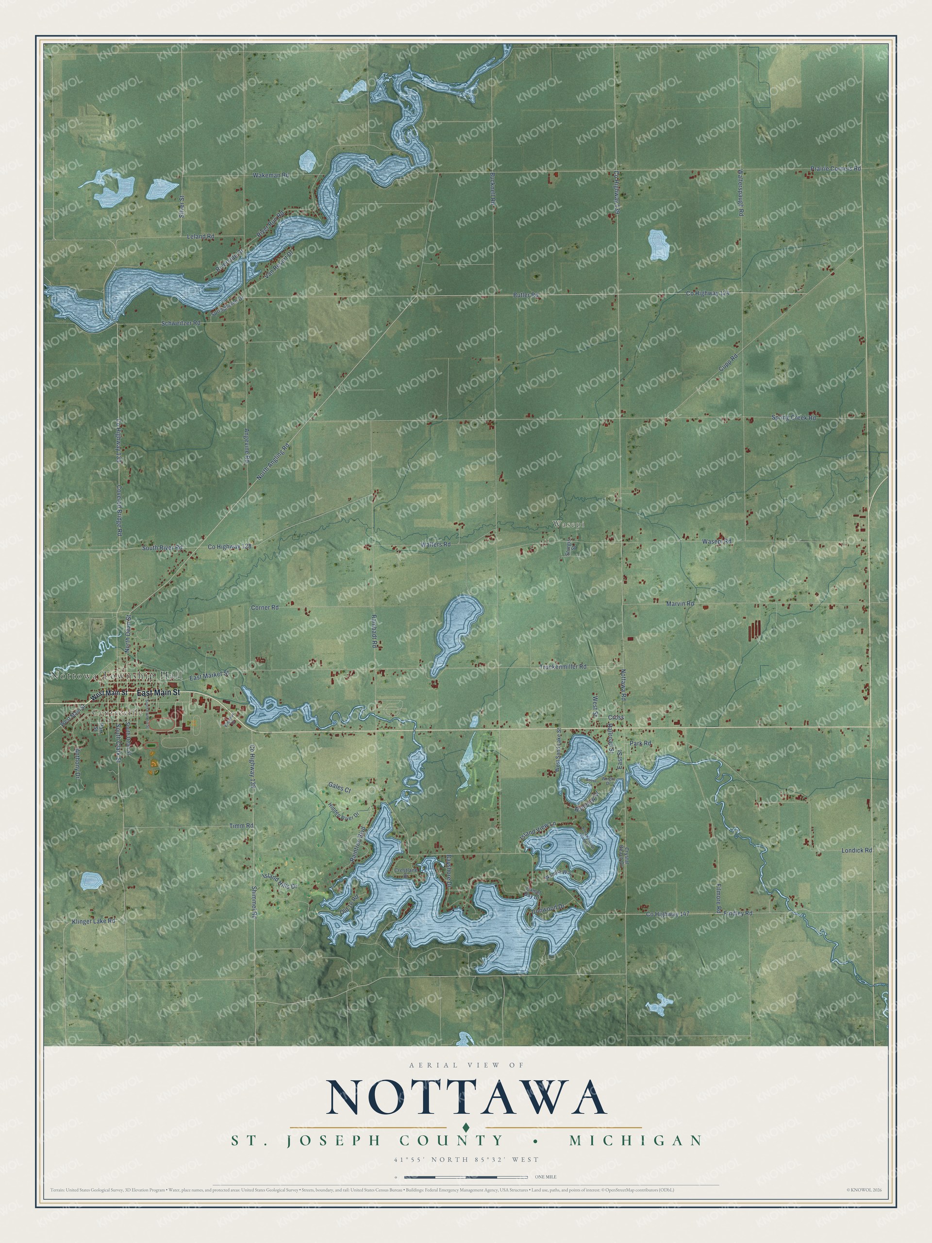 Full map of Nottawa, Michigan, with red buildings, printed street names and the land around them