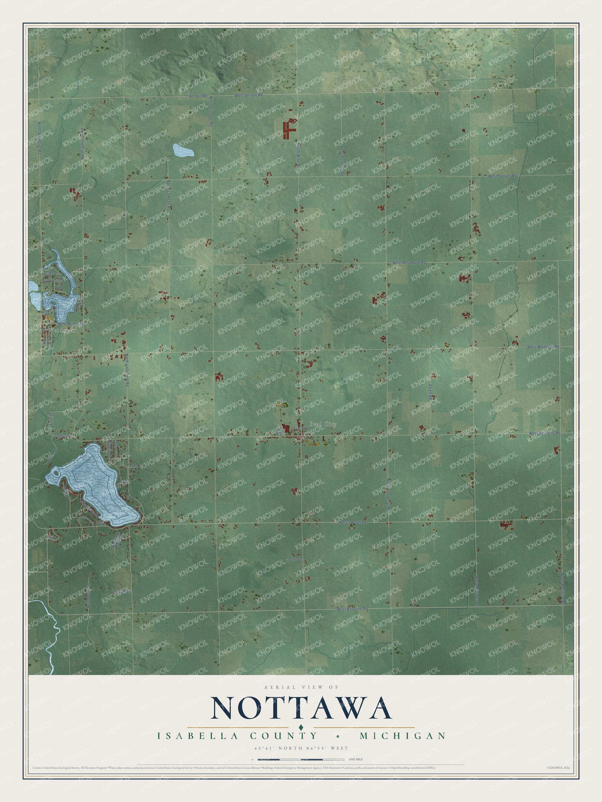 Full map of Nottawa, Michigan, with red buildings, printed street names and the land around them