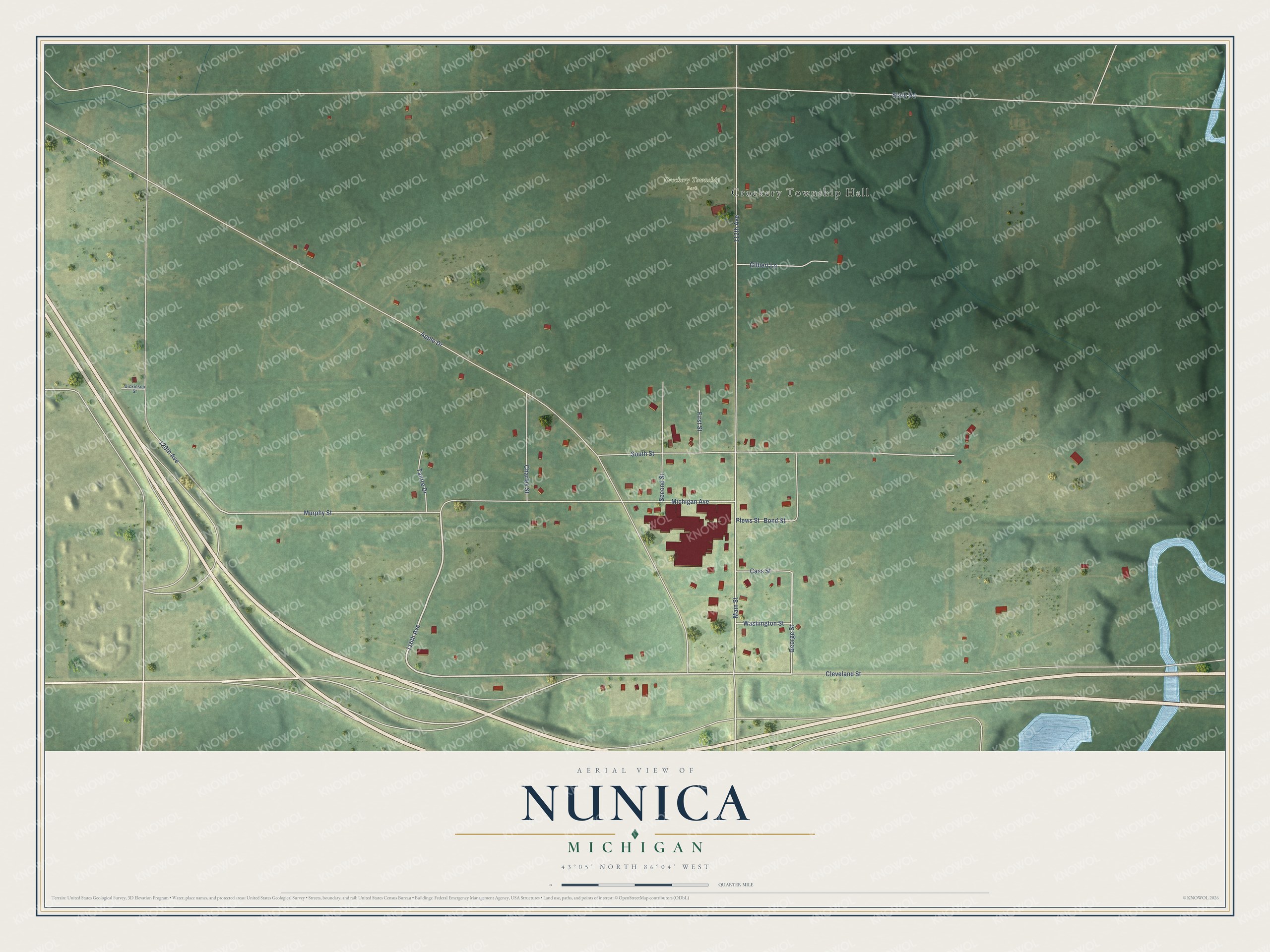 Full map of Nunica, Michigan, with red buildings, printed street names and the land around them