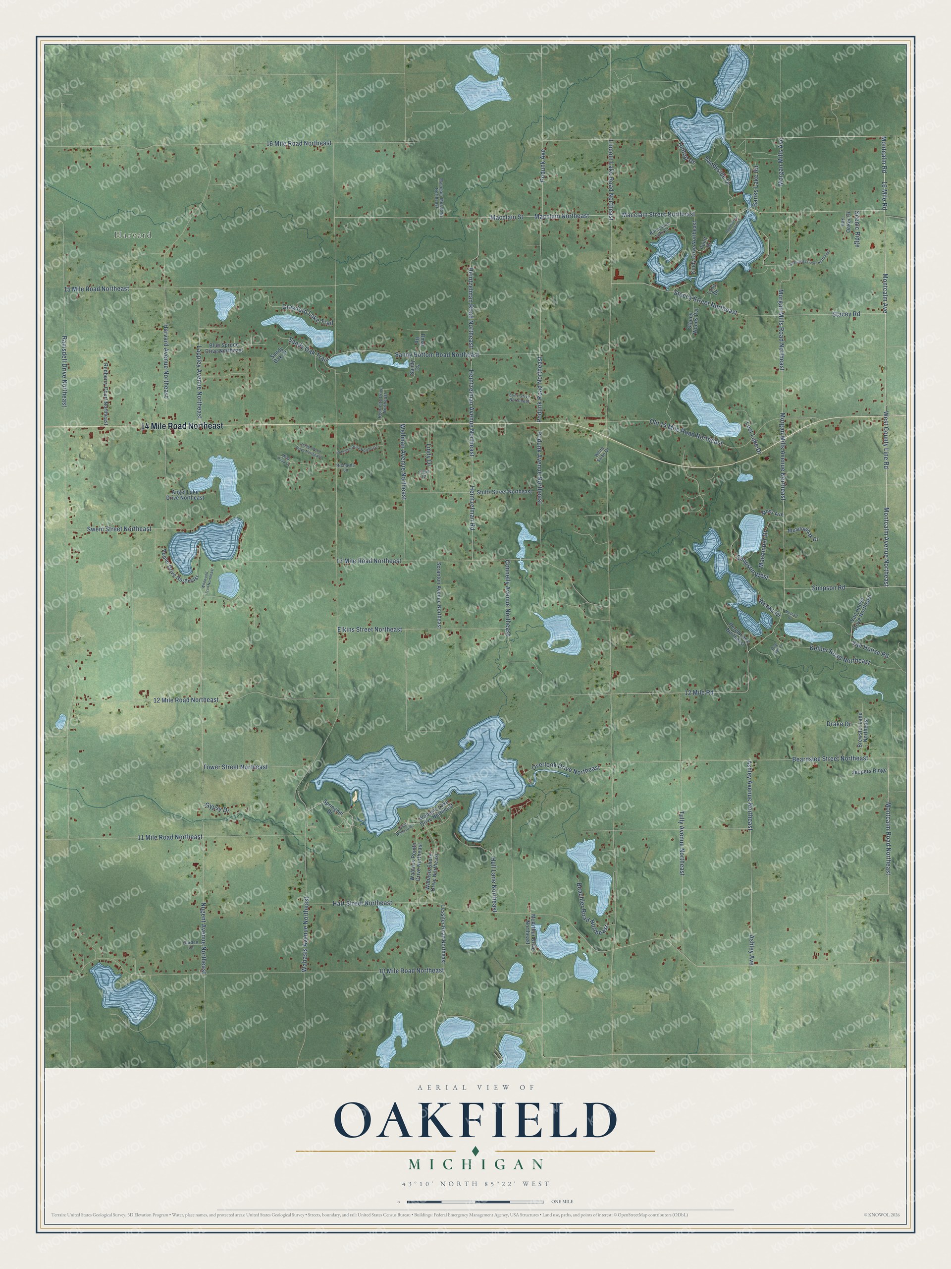 Full map of Oakfield, Michigan, with red buildings, printed street names and the land around them