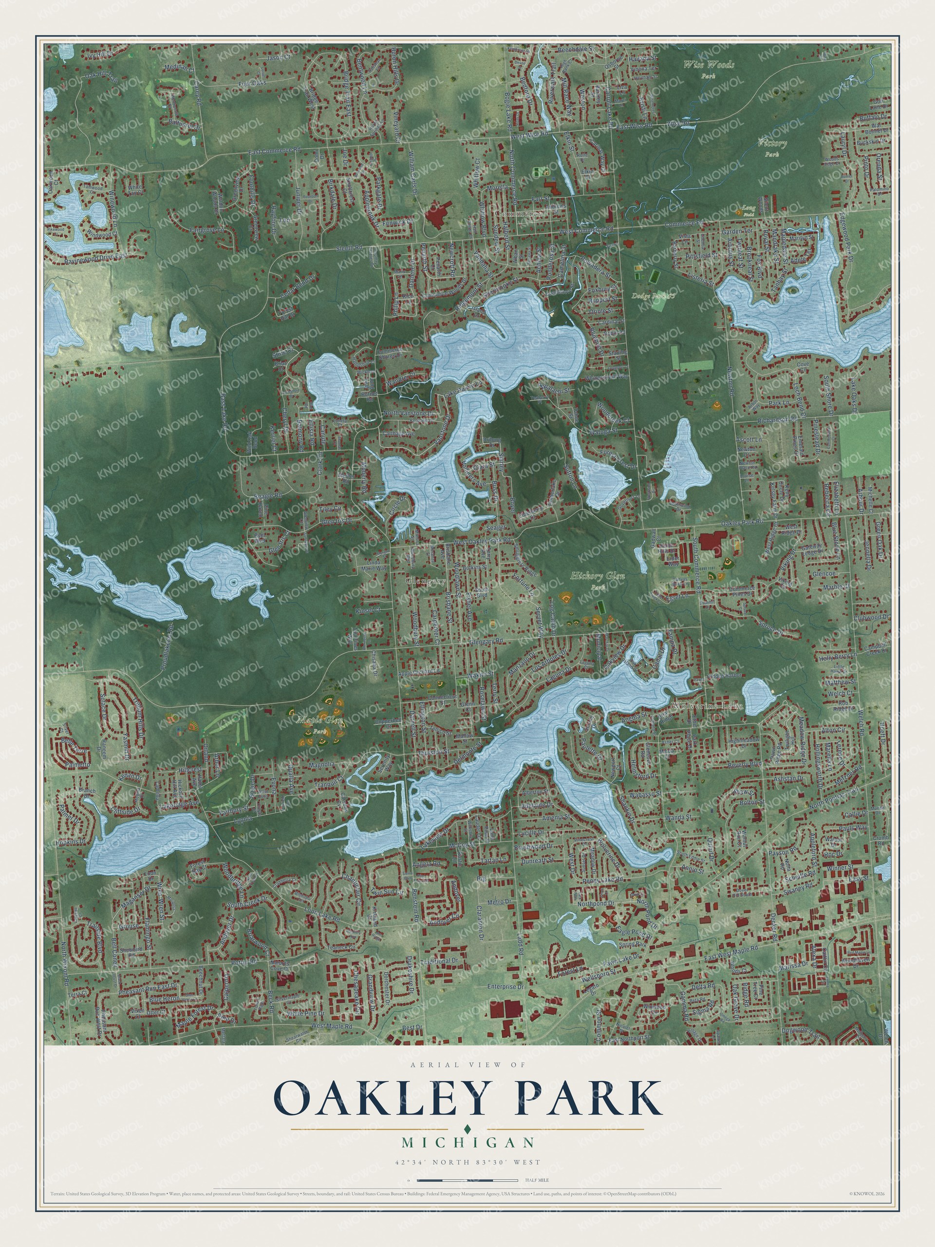 Full map of Oakley Park, Michigan, with red buildings, printed street names and the land around them