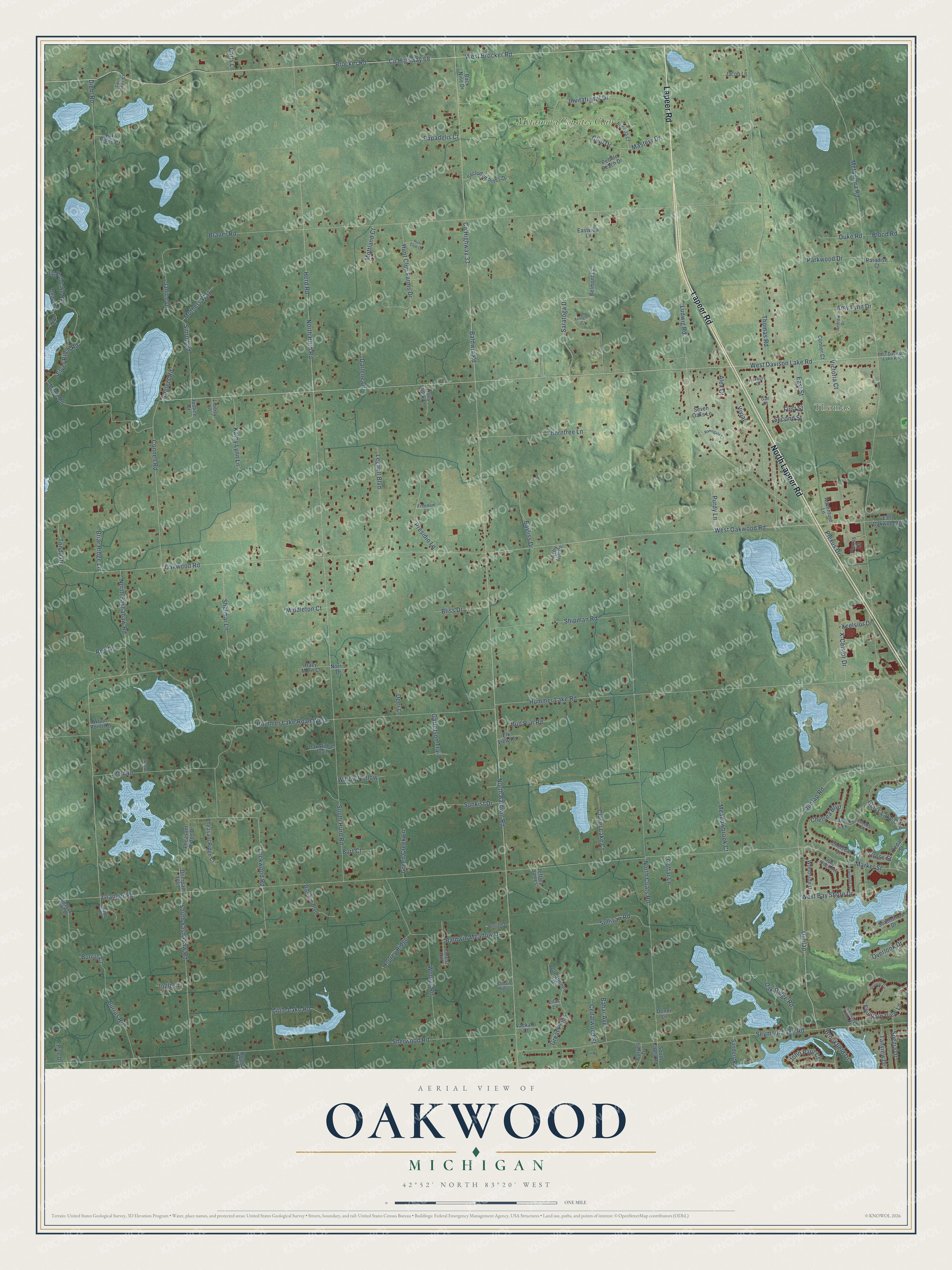 Full map of Oakwood, Michigan, with red buildings, printed street names and the land around them