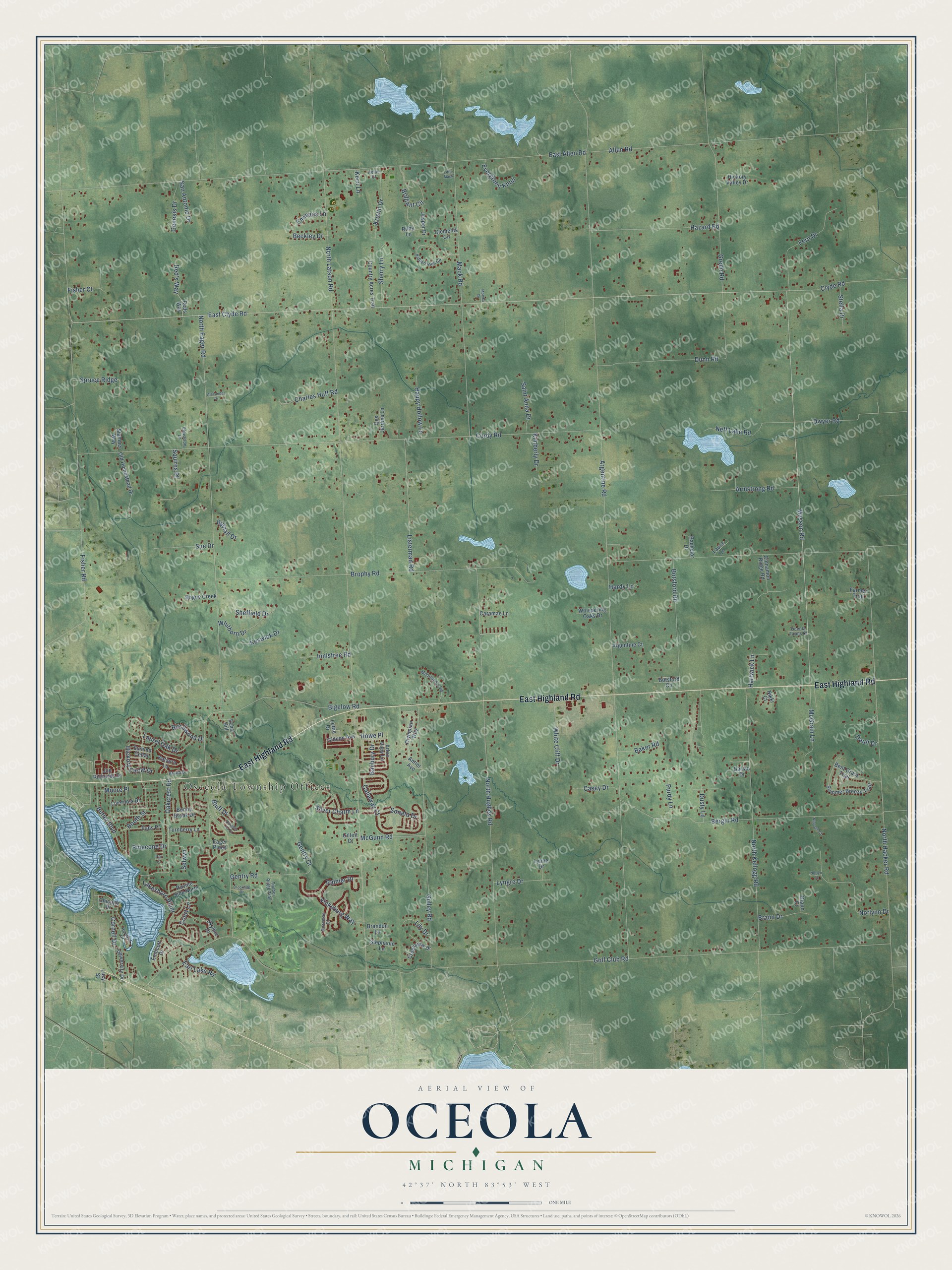 Full map of Oceola, Michigan, with red buildings, printed street names and the land around them