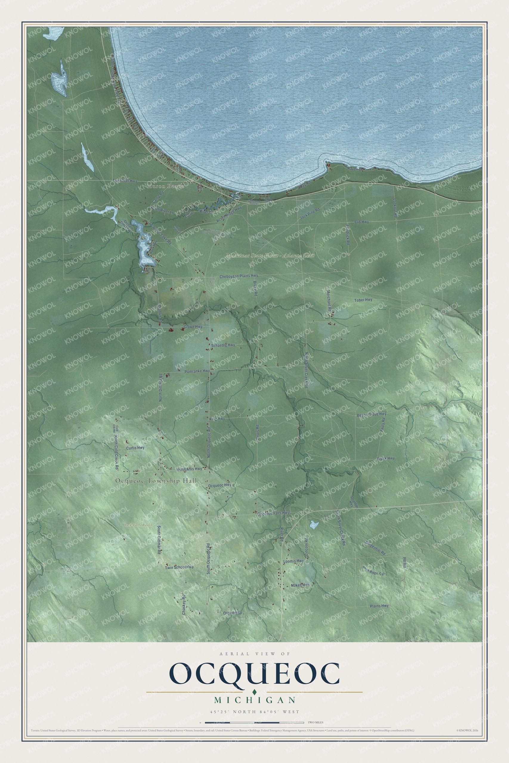 Full map of Ocqueoc, Michigan, with red buildings, printed street names and the land around them