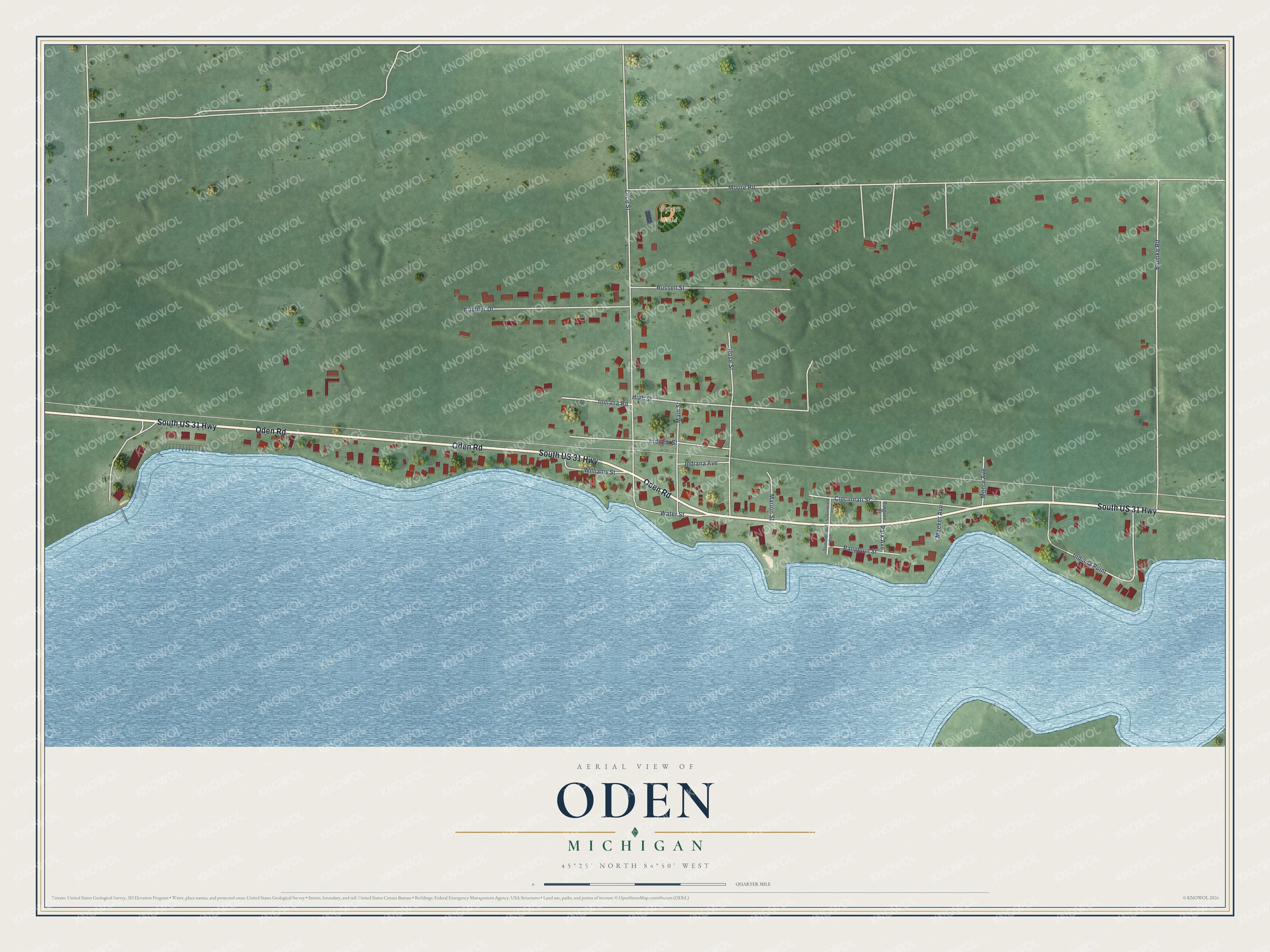 Full map of Oden, Michigan, with red buildings, printed street names and the land around them