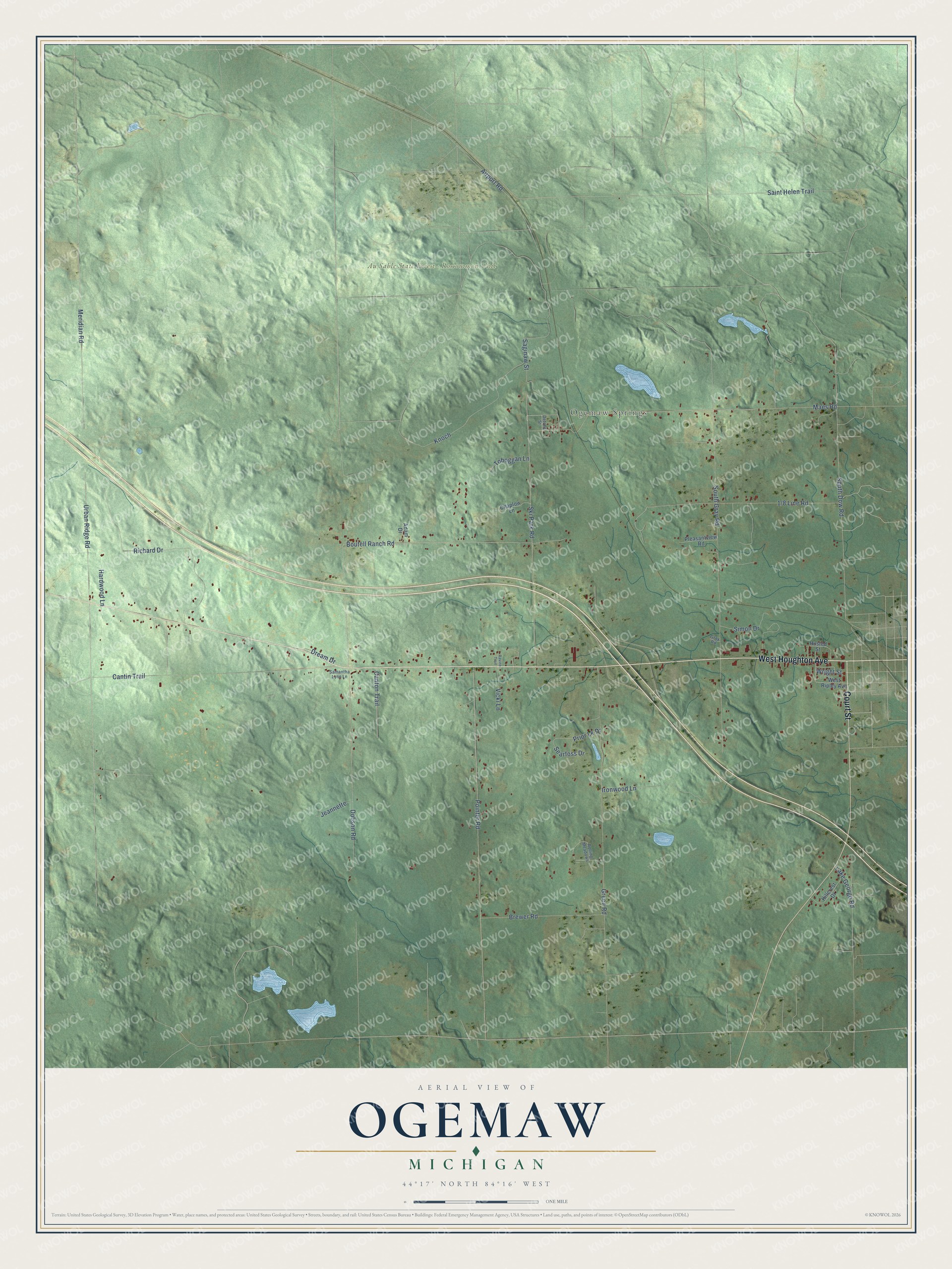 Full map of Ogemaw, Michigan, with red buildings, printed street names and the land around them