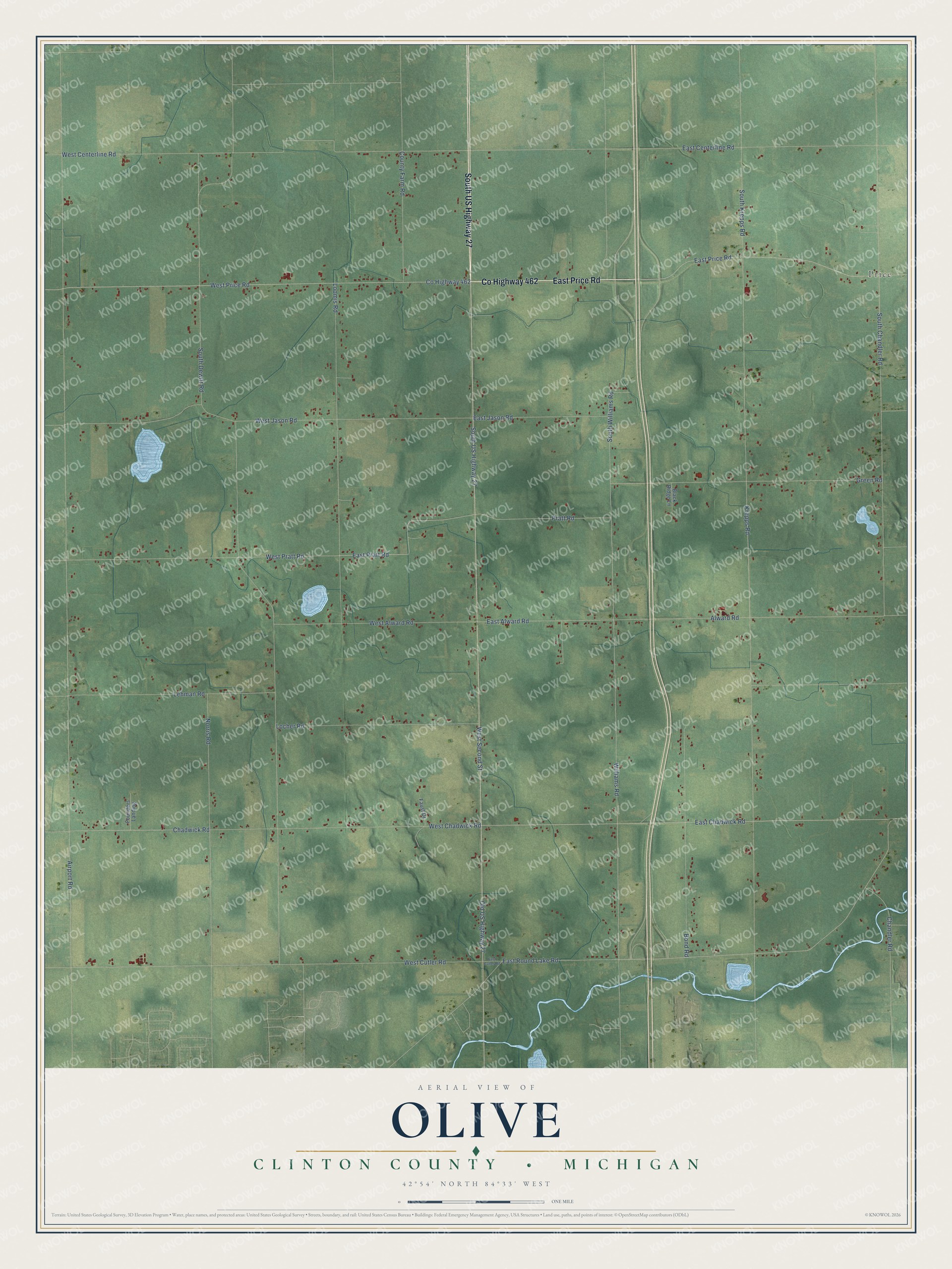 Full map of Olive, Michigan, with red buildings, printed street names and the land around them