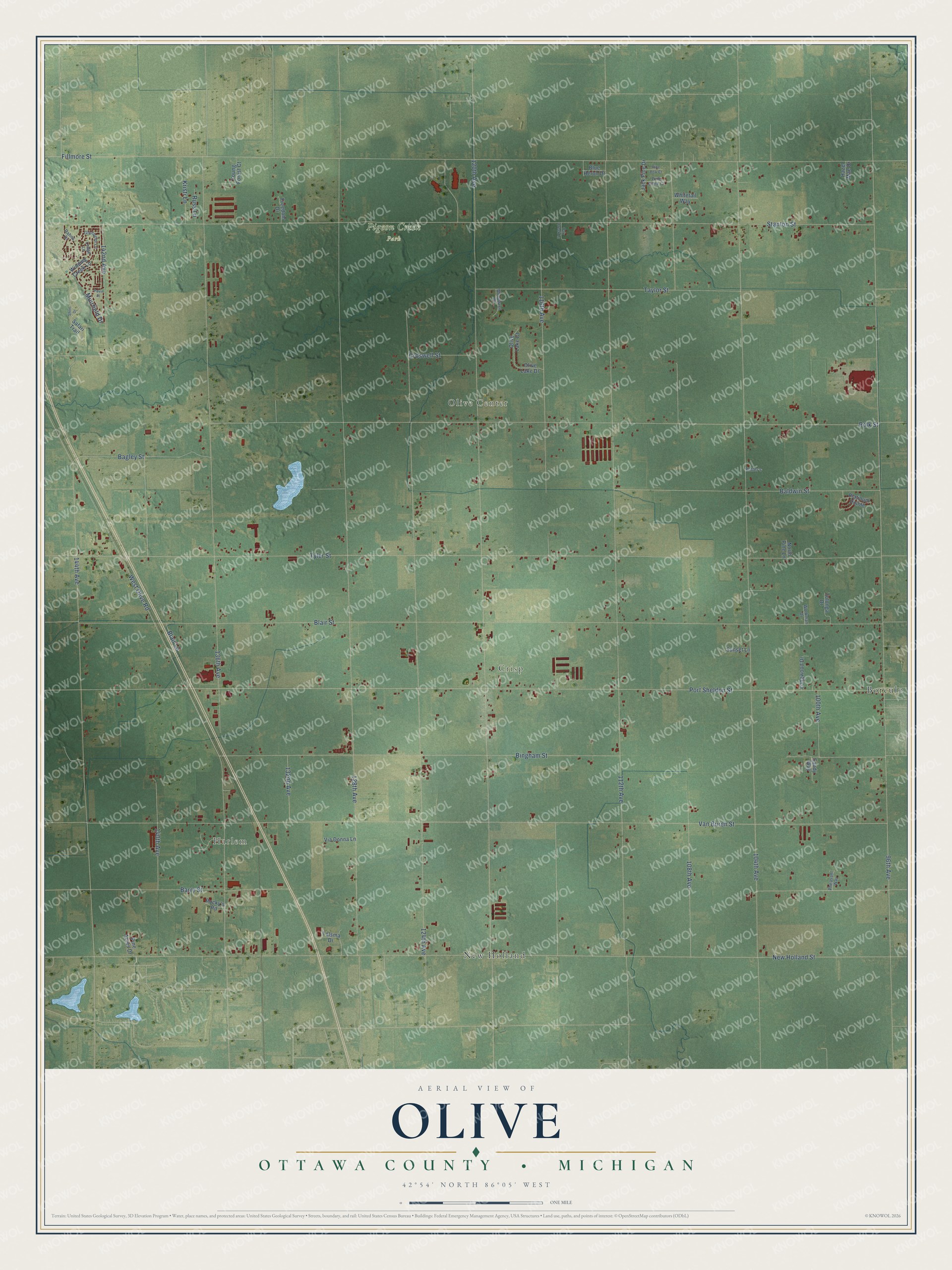 Full map of Olive, Michigan, with red buildings, printed street names and the land around them