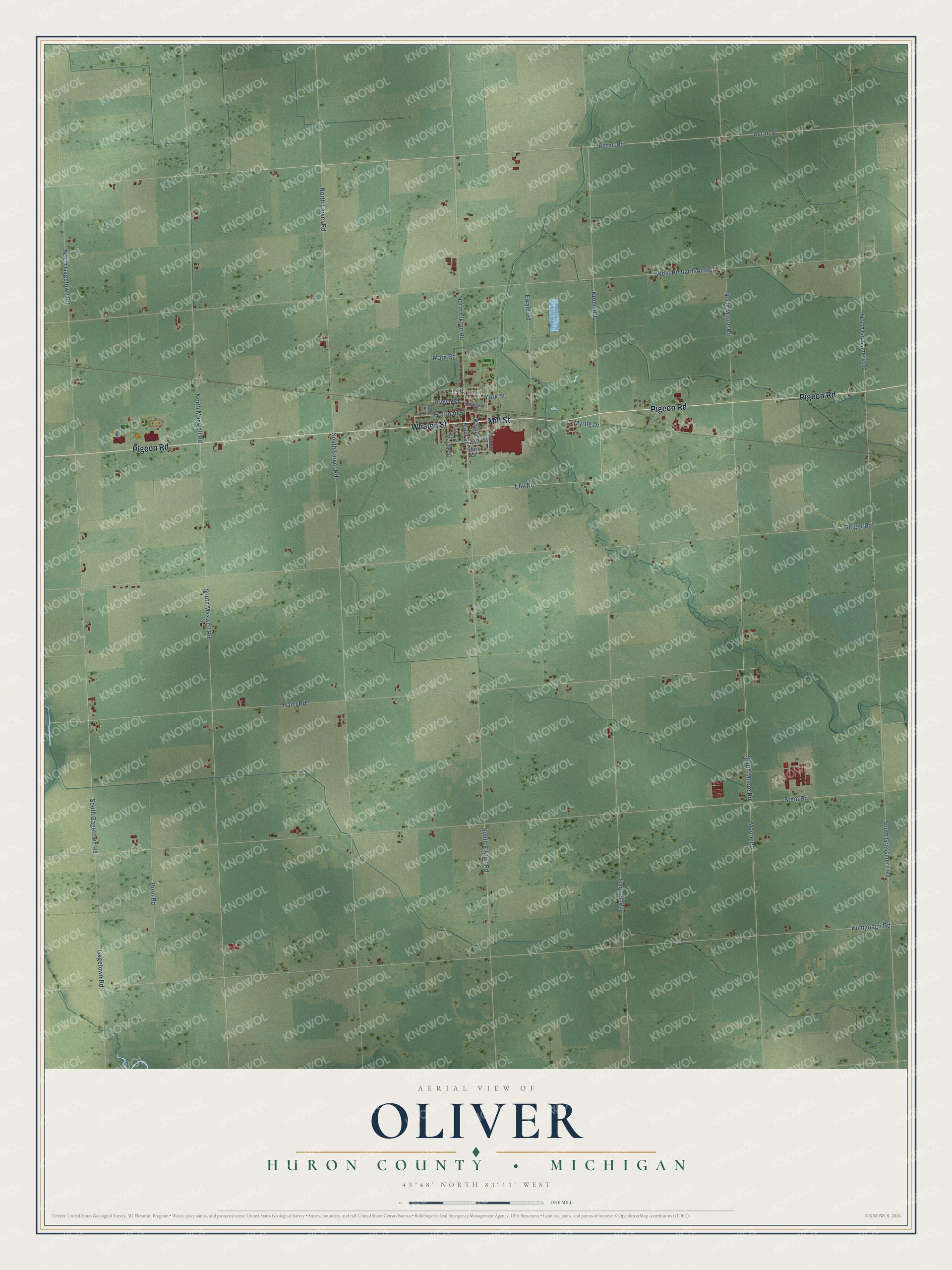 Full map of Oliver, Michigan, with red buildings, printed street names and the land around them
