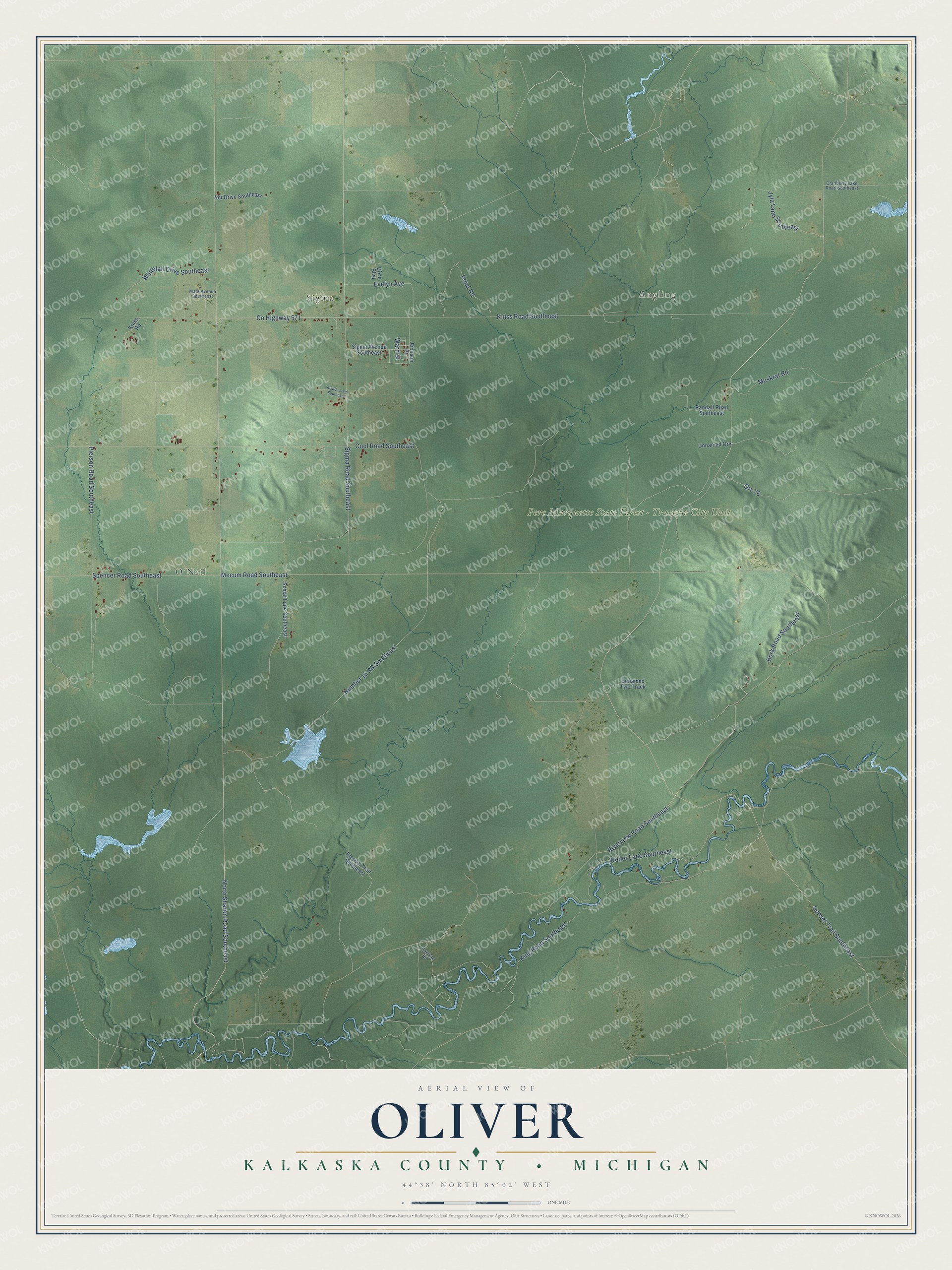 Full map of Oliver, Michigan, with red buildings, printed street names and the land around them