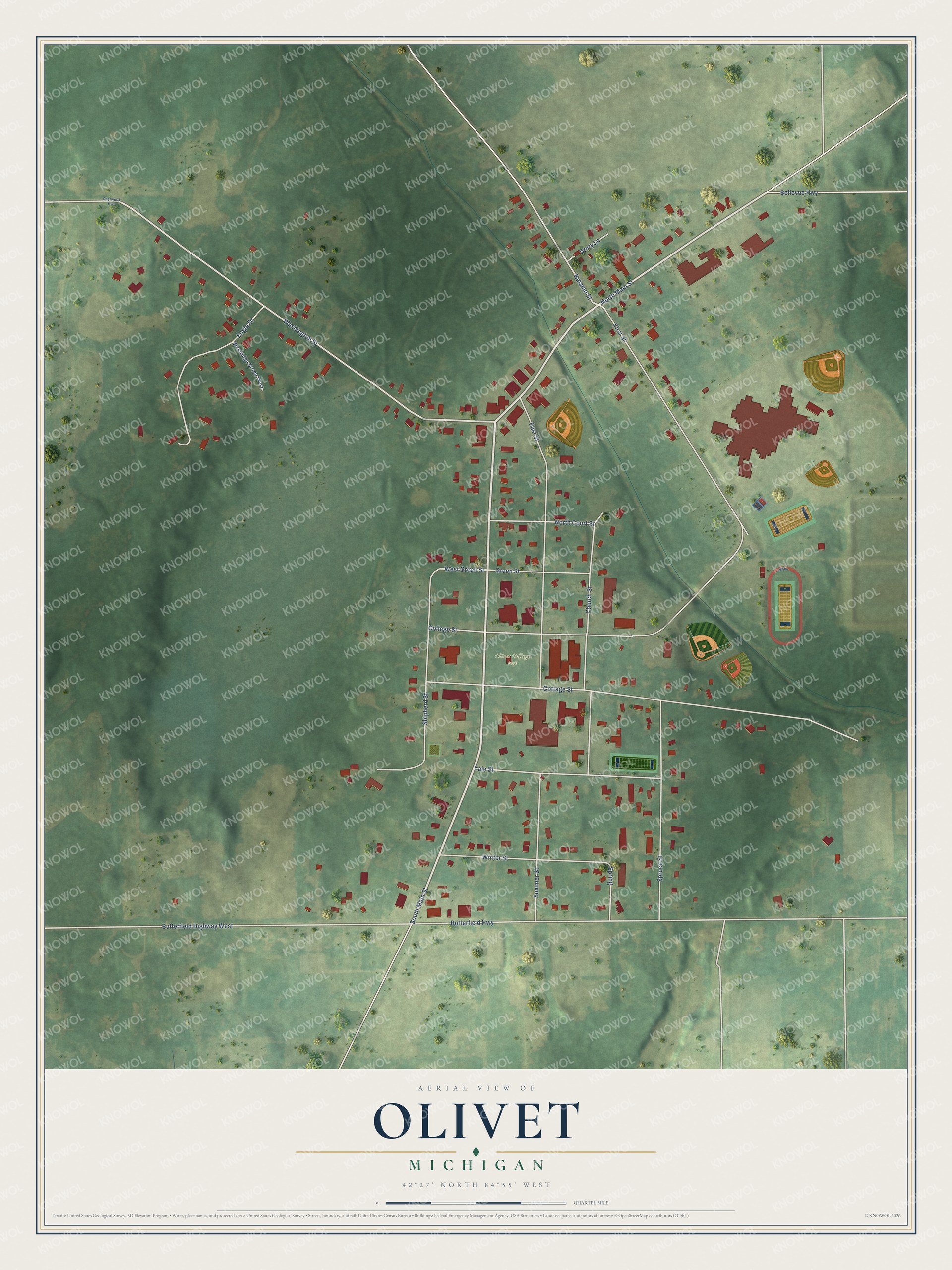 Full map of Olivet, Michigan, with red buildings, printed street names and the land around them