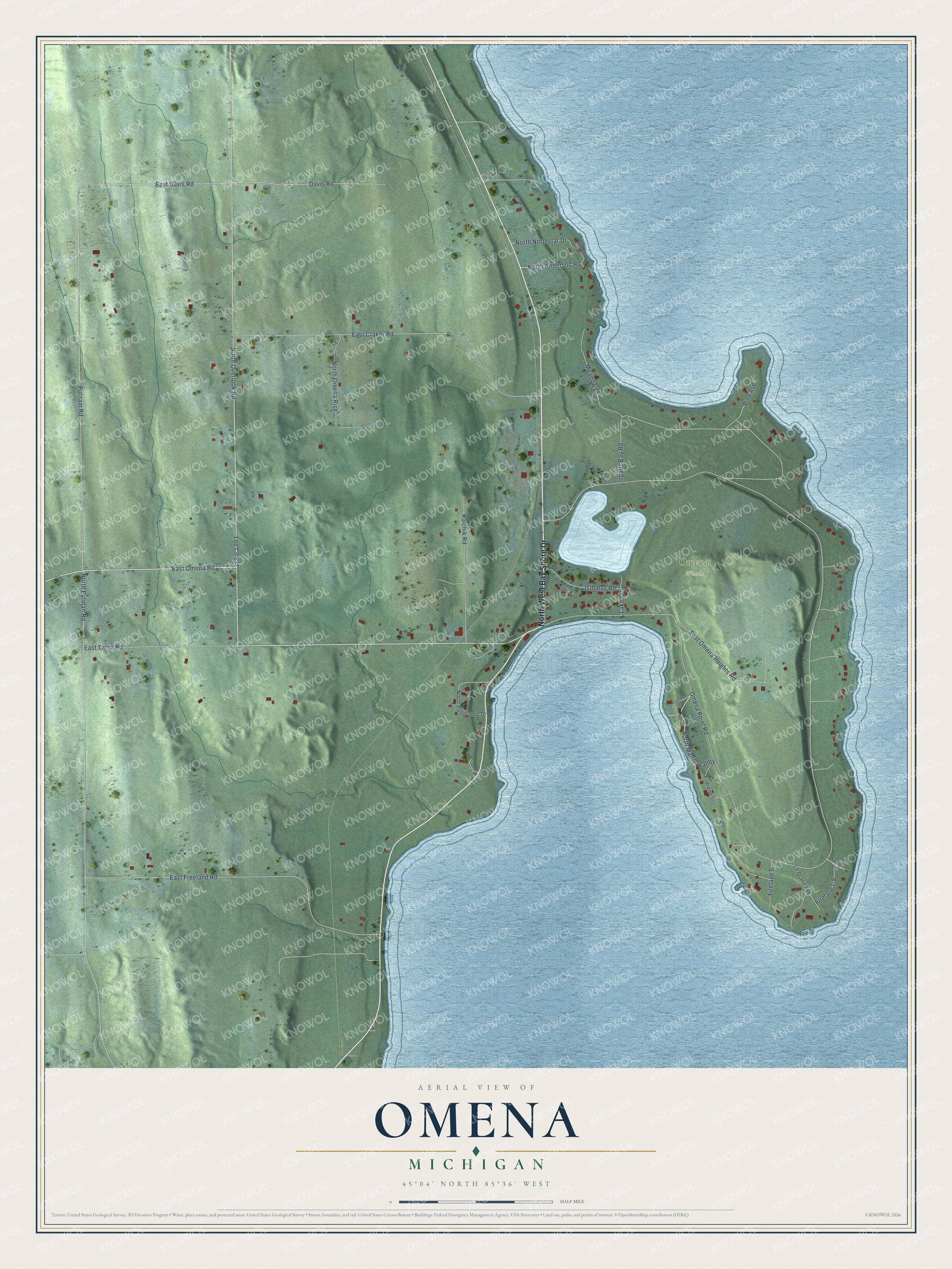 Full map of Omena, Michigan, with red buildings, printed street names and the land around them