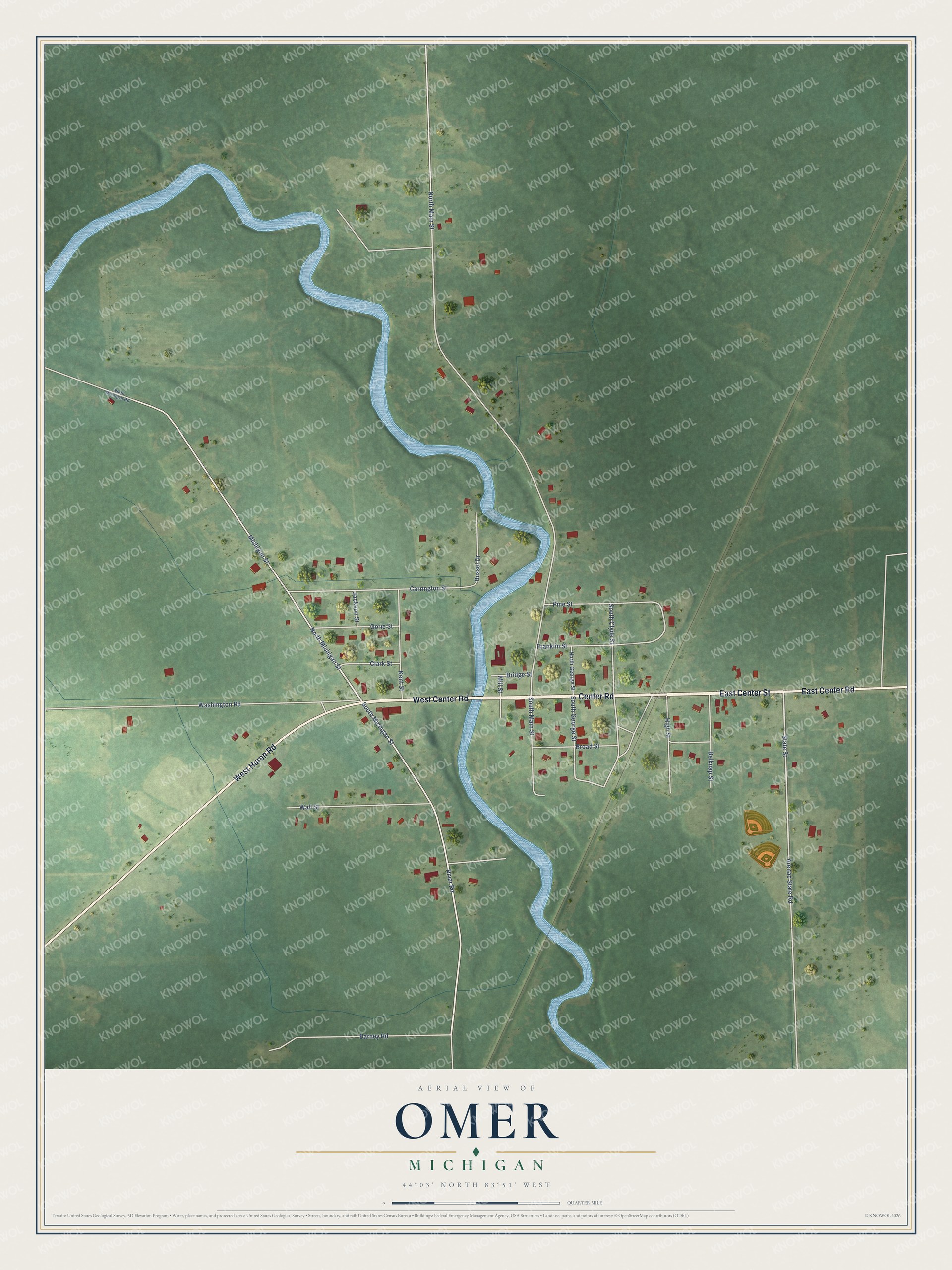 Full map of Omer, Michigan, with red buildings, printed street names and the land around them
