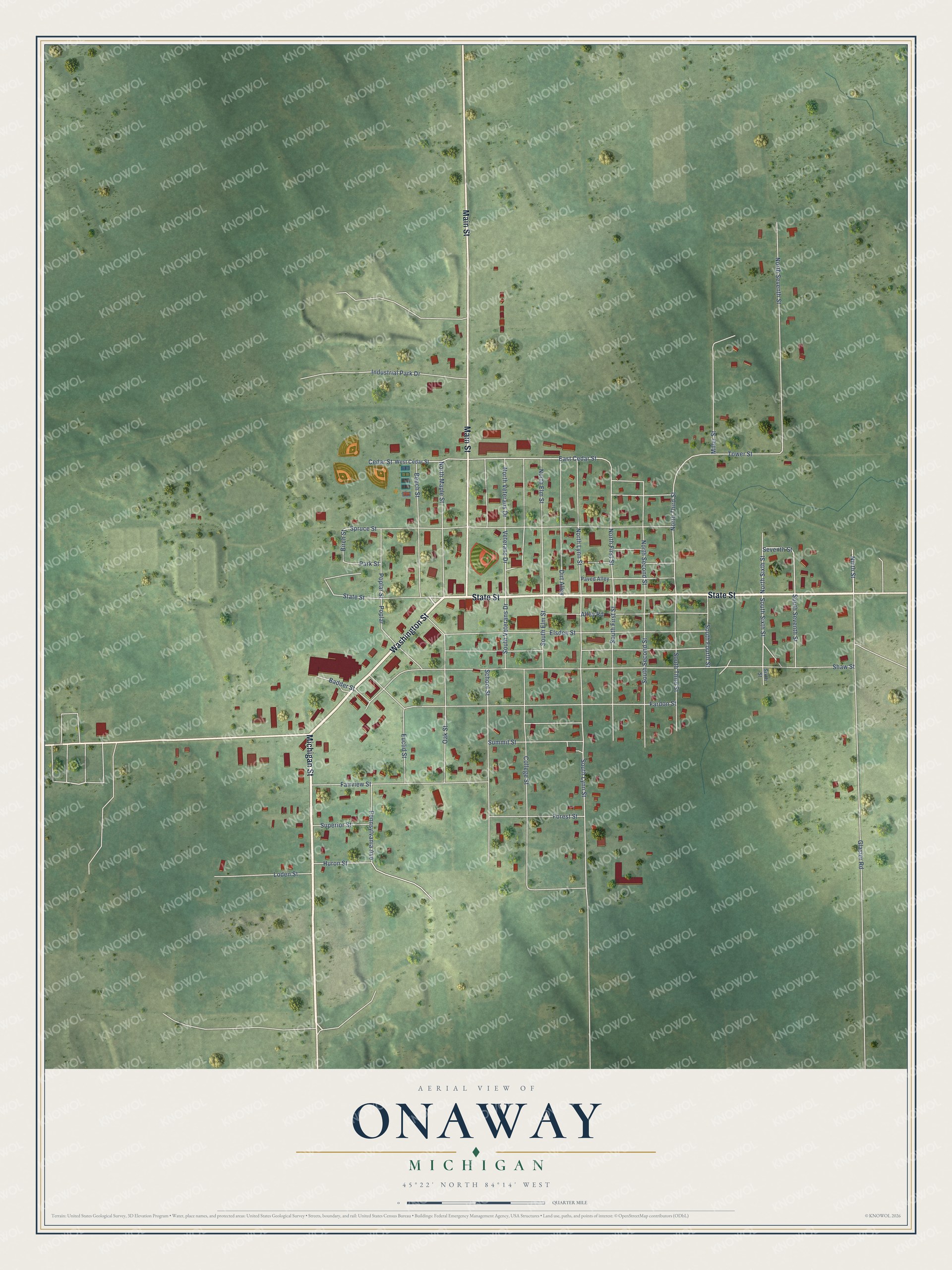 Full map of Onaway, Michigan, with red buildings, printed street names and the land around them