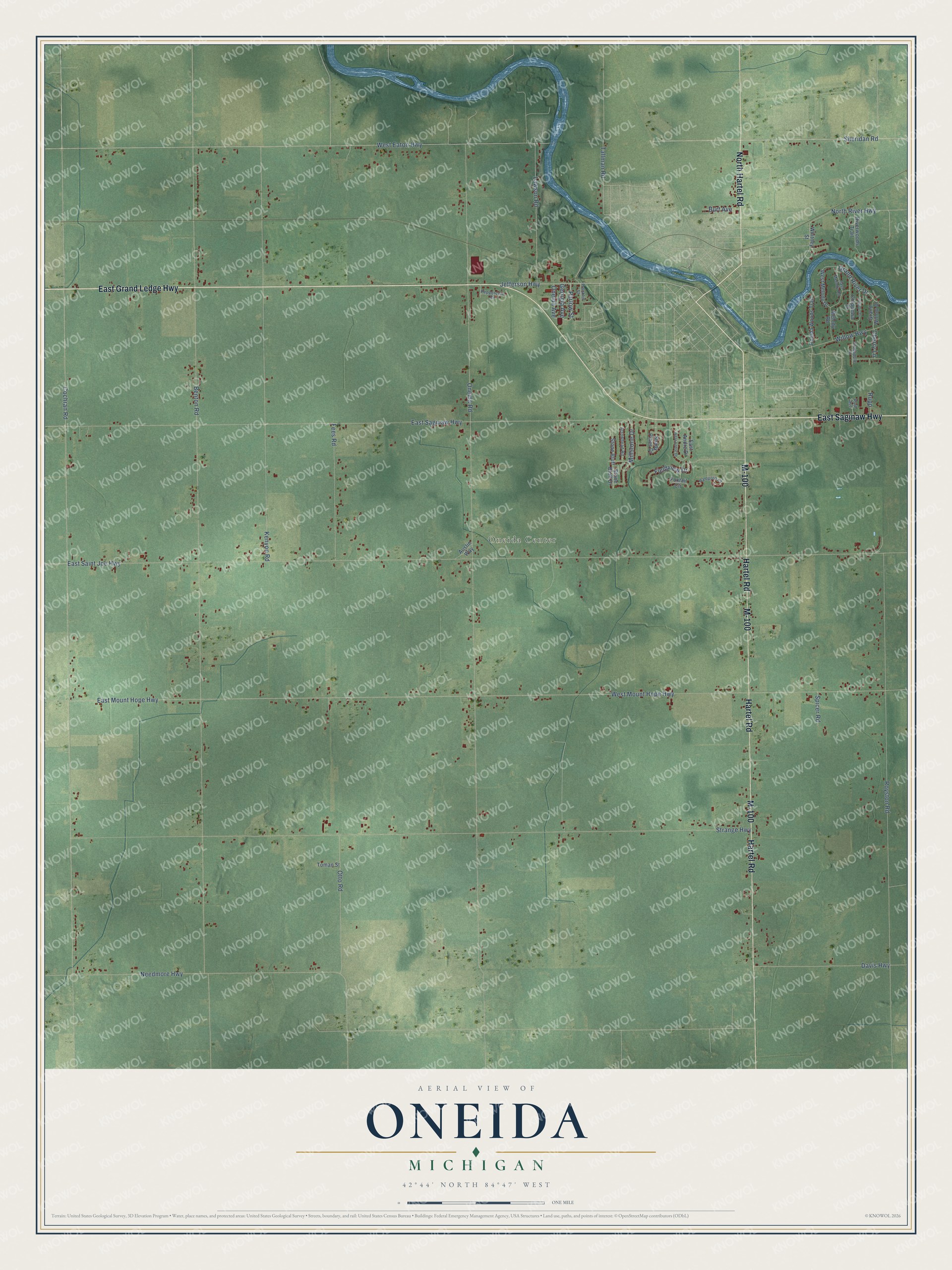Full map of Oneida, Michigan, with red buildings, printed street names and the land around them