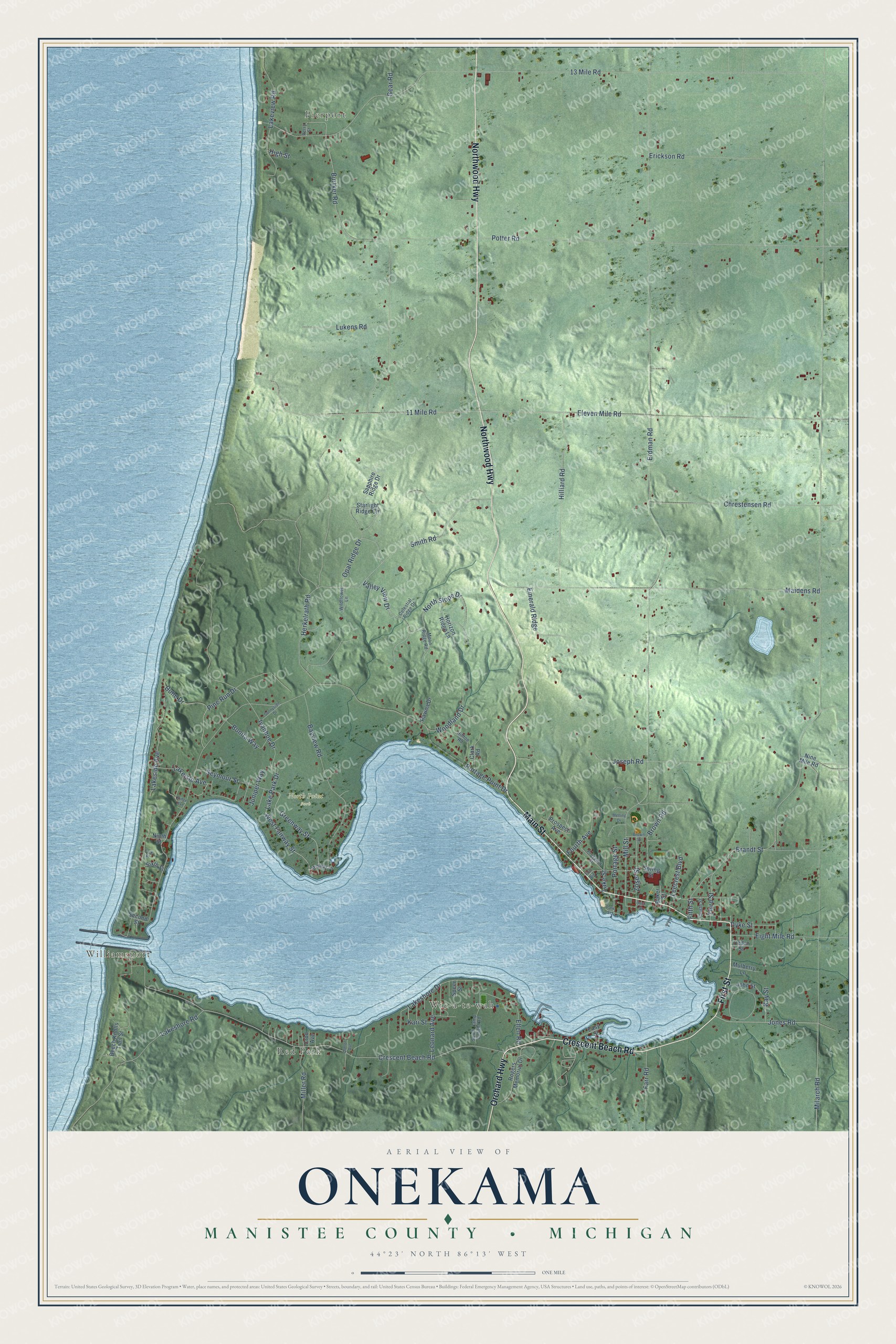 Full map of Onekama, Michigan, with red buildings, printed street names and the land around them