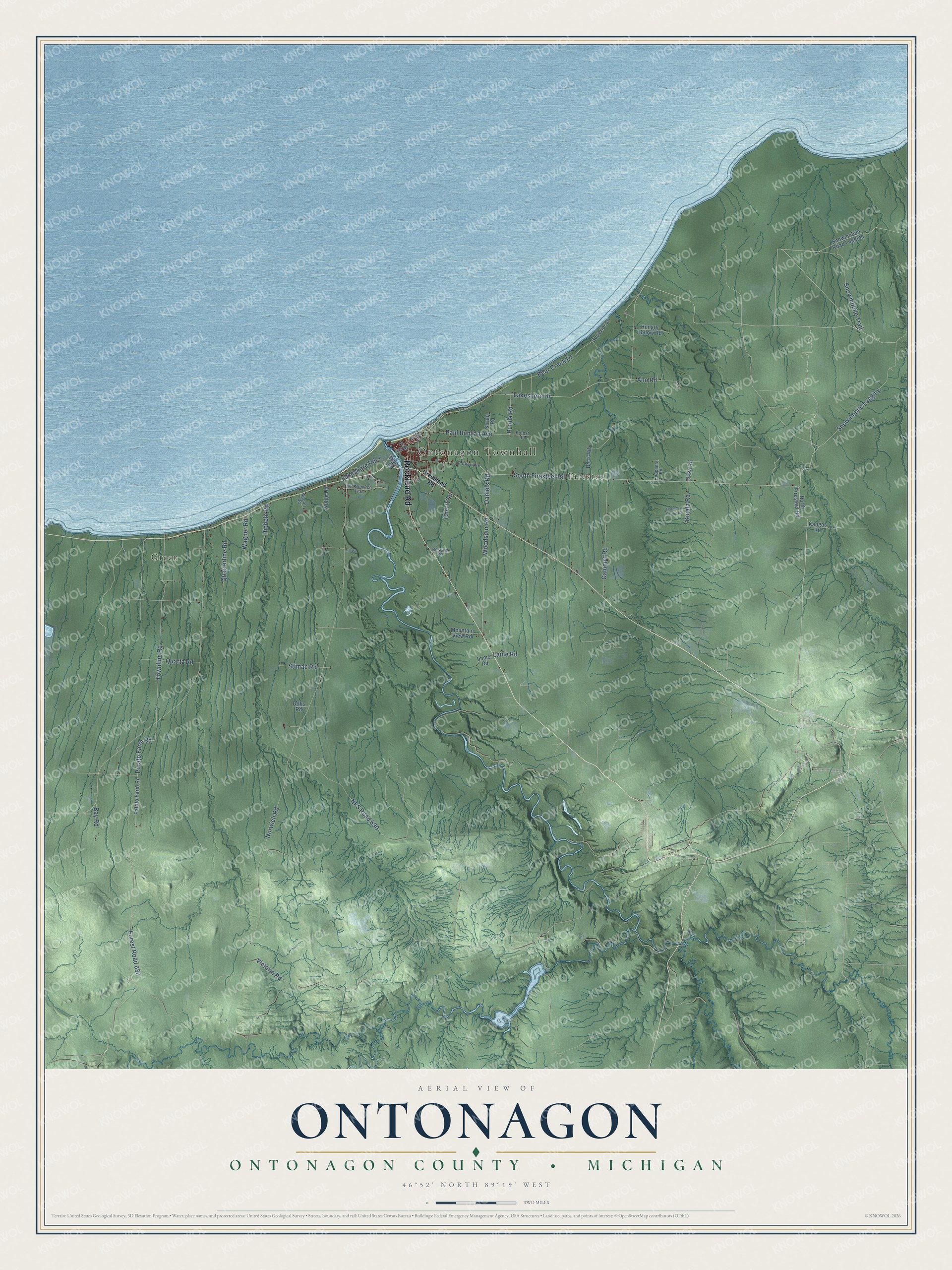 Full map of Ontonagon, Michigan, with red buildings, printed street names and the land around them