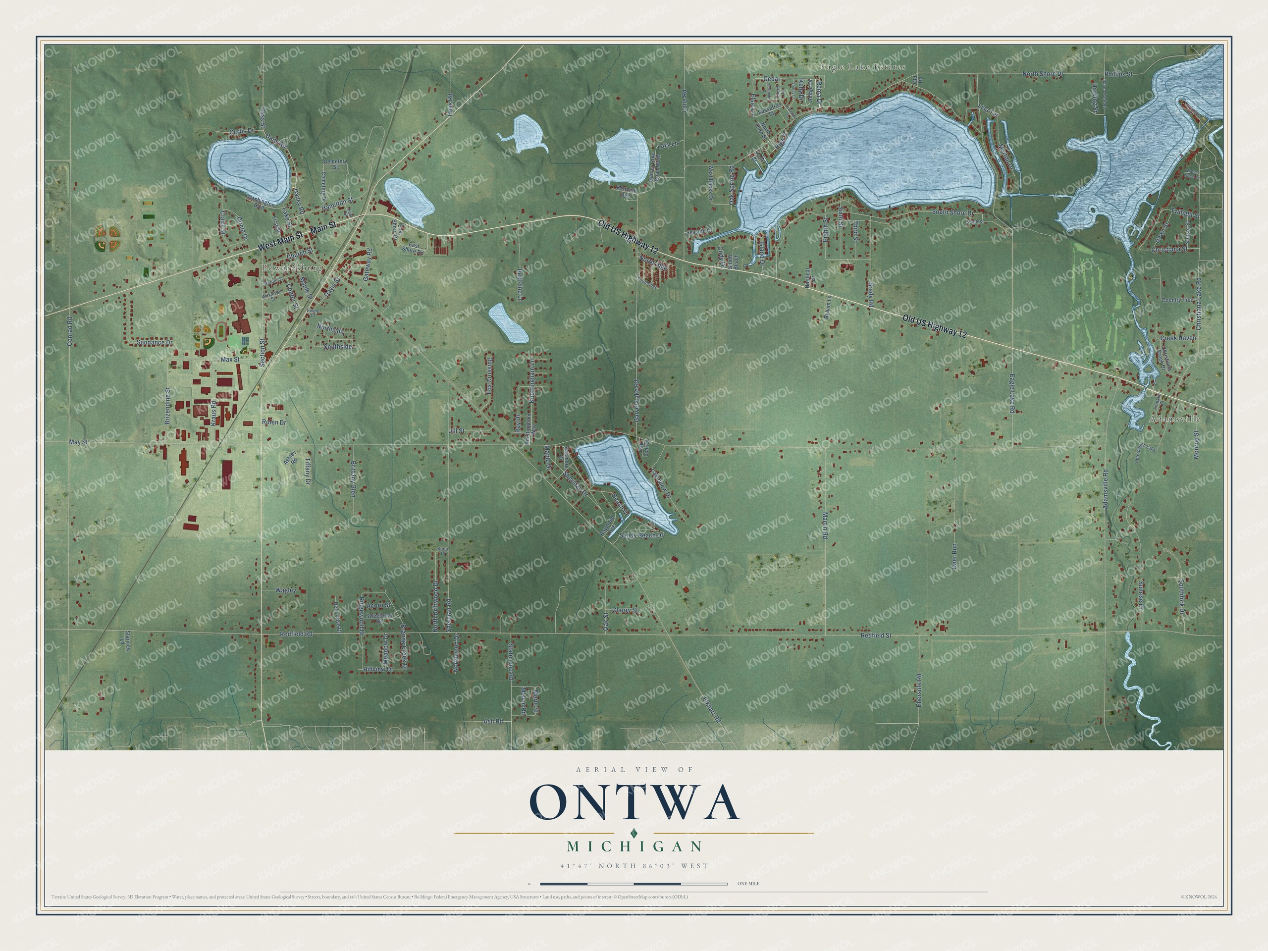 Full map of Ontwa, Michigan, with red buildings, printed street names and the land around them