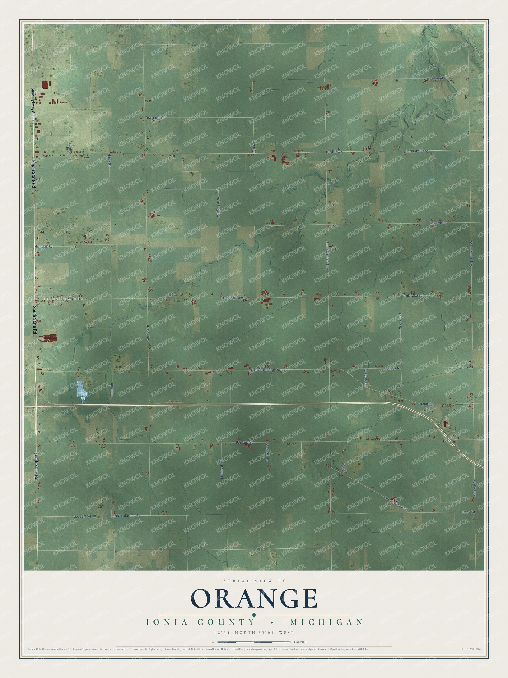 Full map of Orange, Michigan, with red buildings, printed street names and the land around them