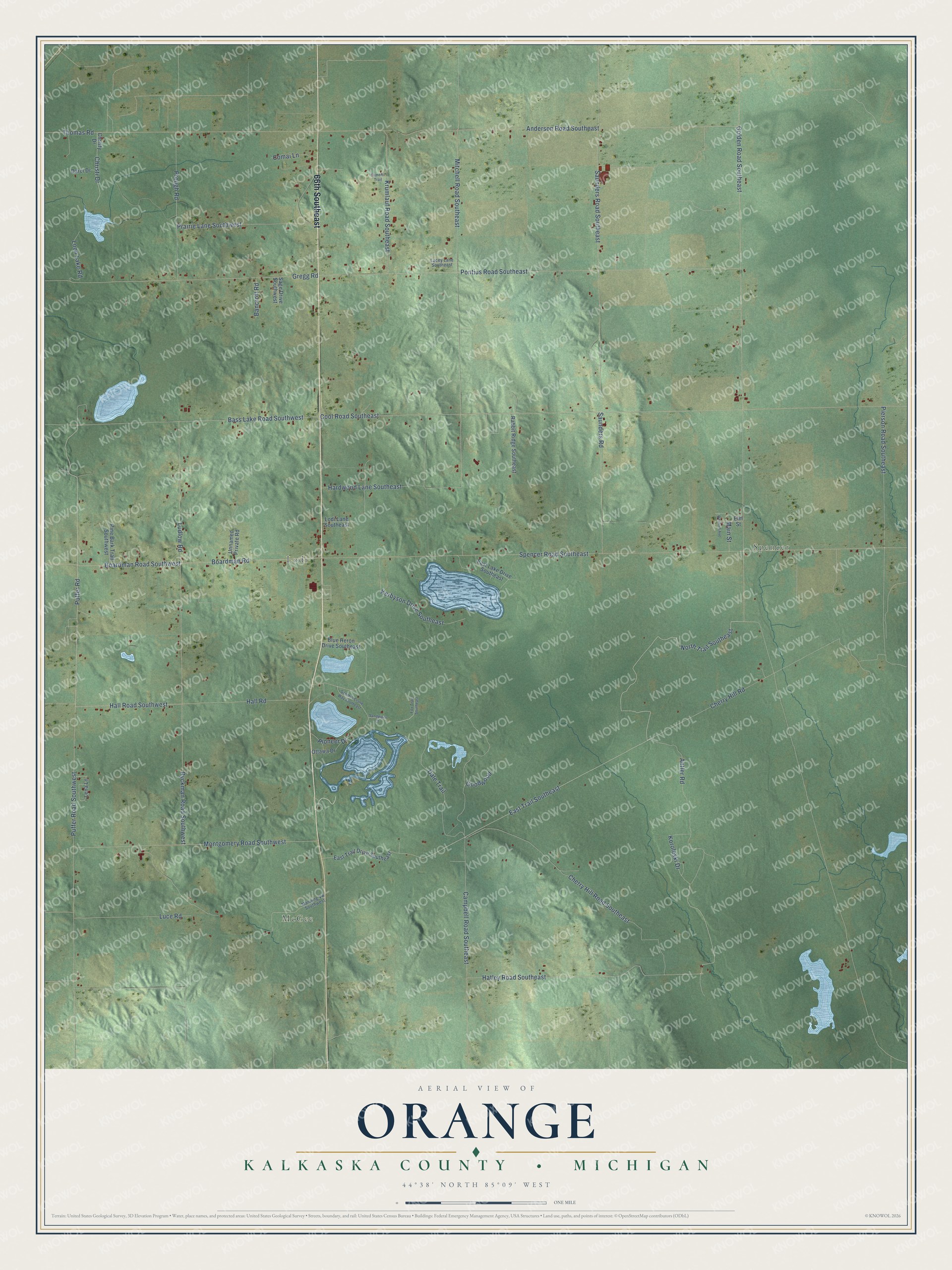 Full map of Orange, Michigan, with red buildings, printed street names and the land around them